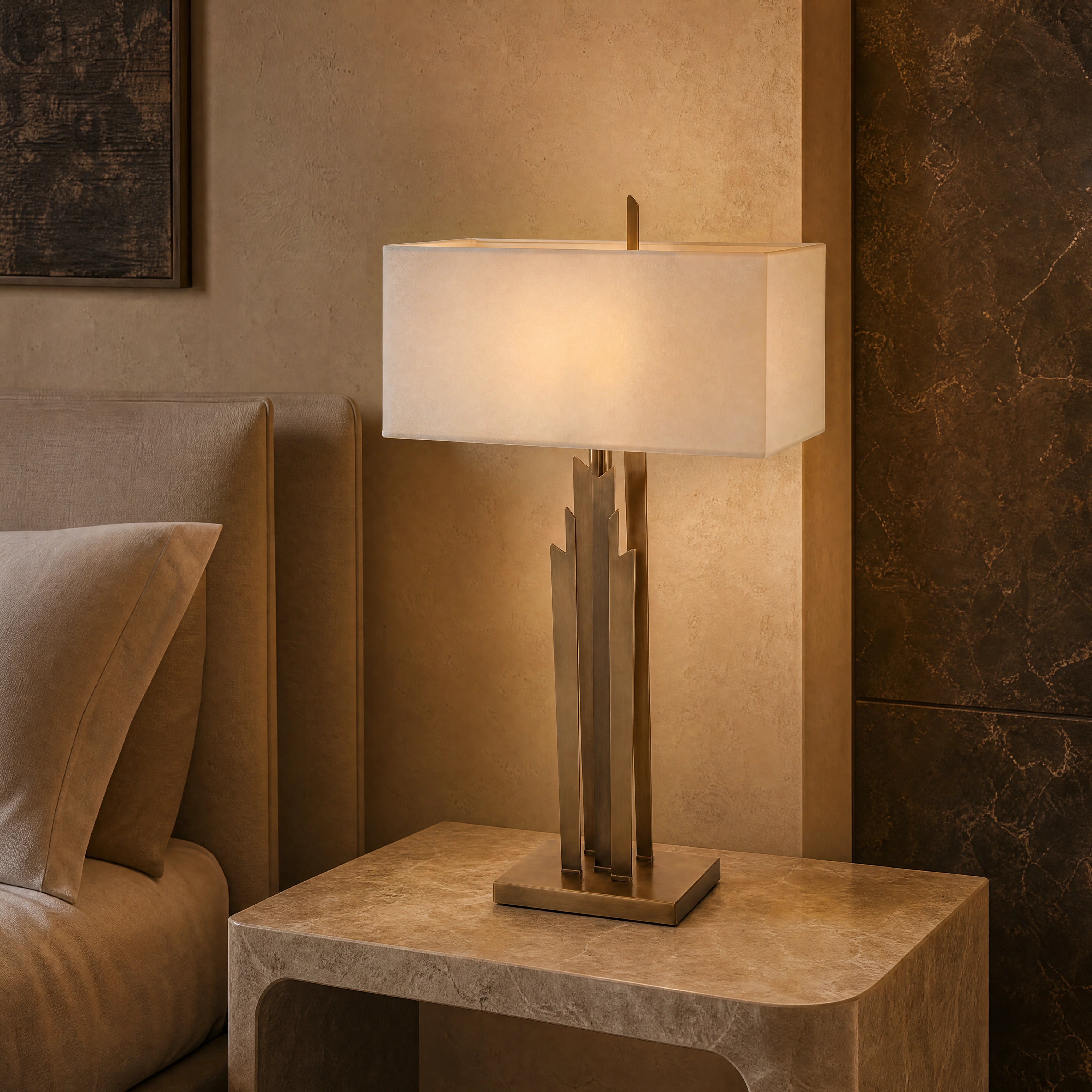 Carevo Antique Brass Skyscraper Table Lamp close-up luxury lifestyle hero image by VORELLI