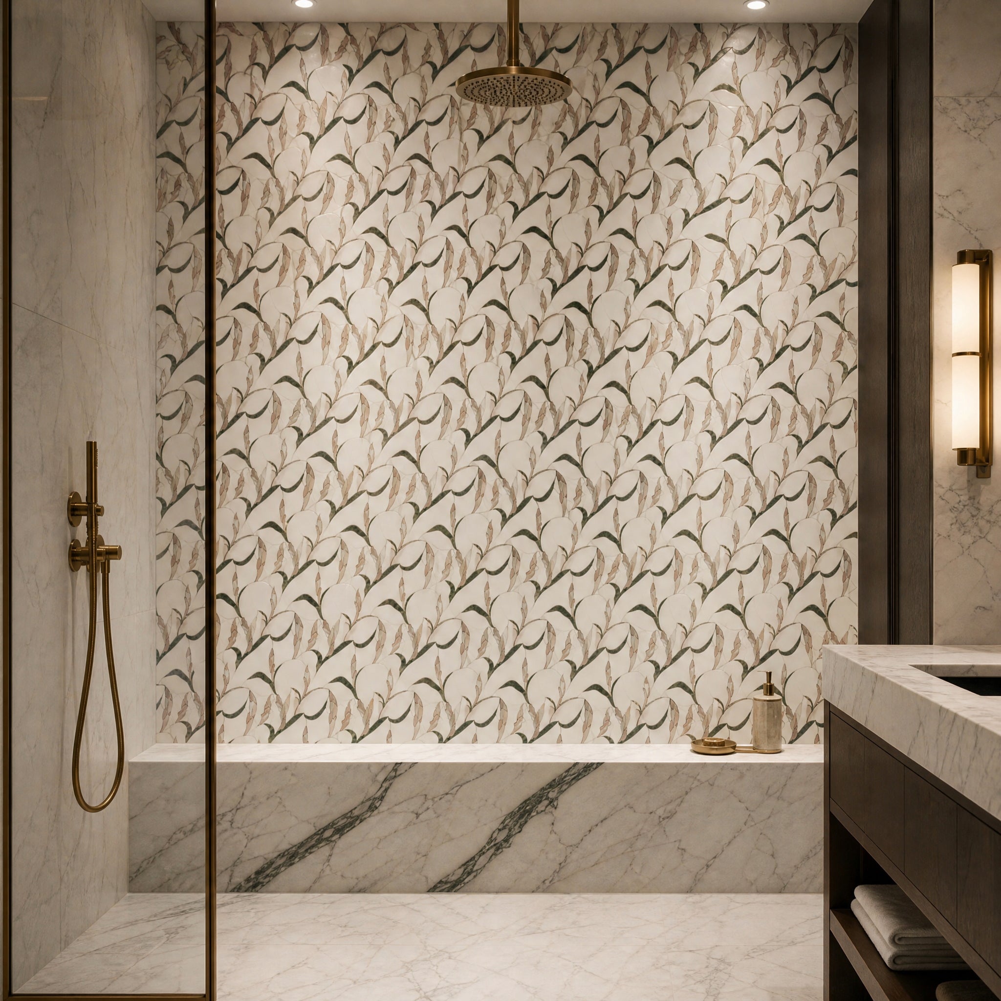 Carrara Verde Guatemala Waterjet Marble Mosaic decorative mosaic wall in a luxury bathroom