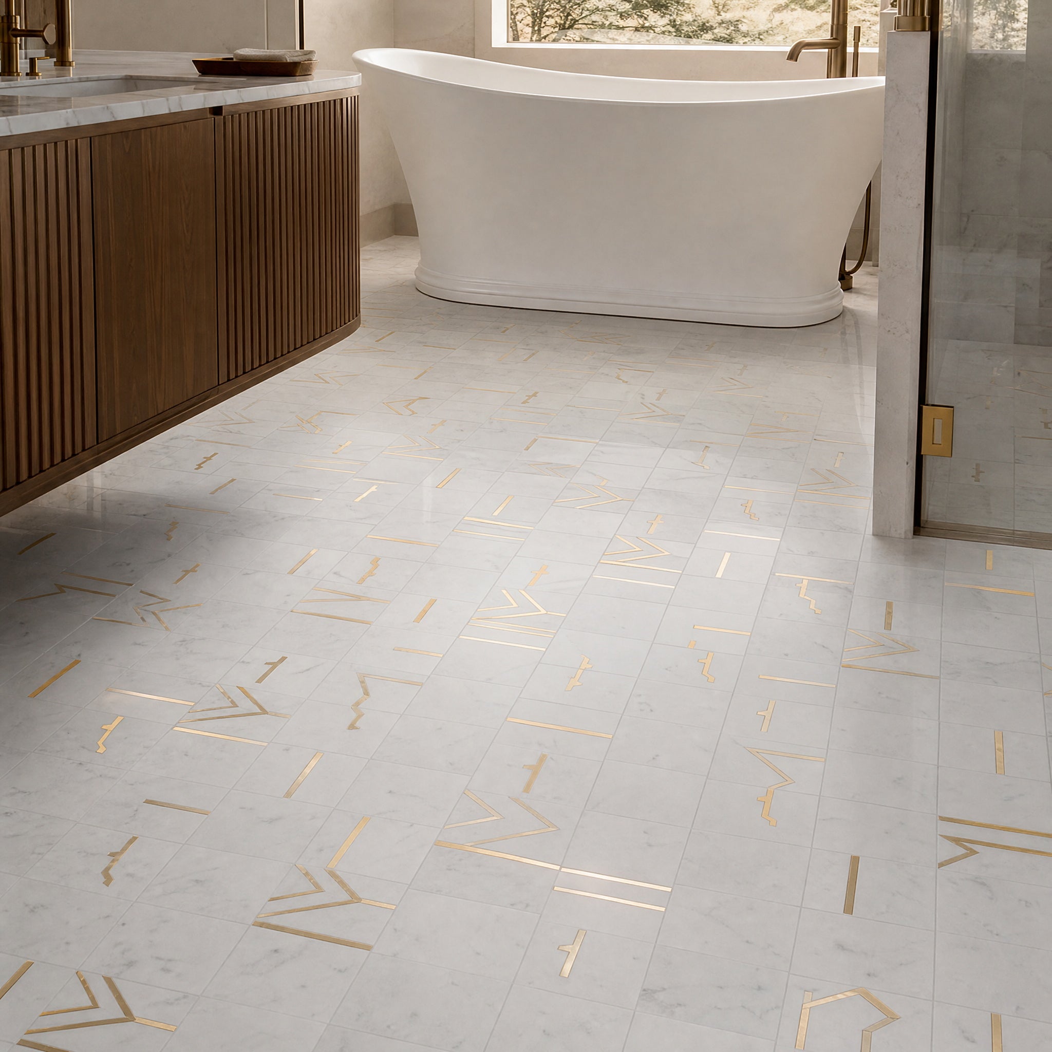 Carrara White 304 Stainless Steel Waterjet Marble Mosaic luxury mosaic floor in a refined interior
