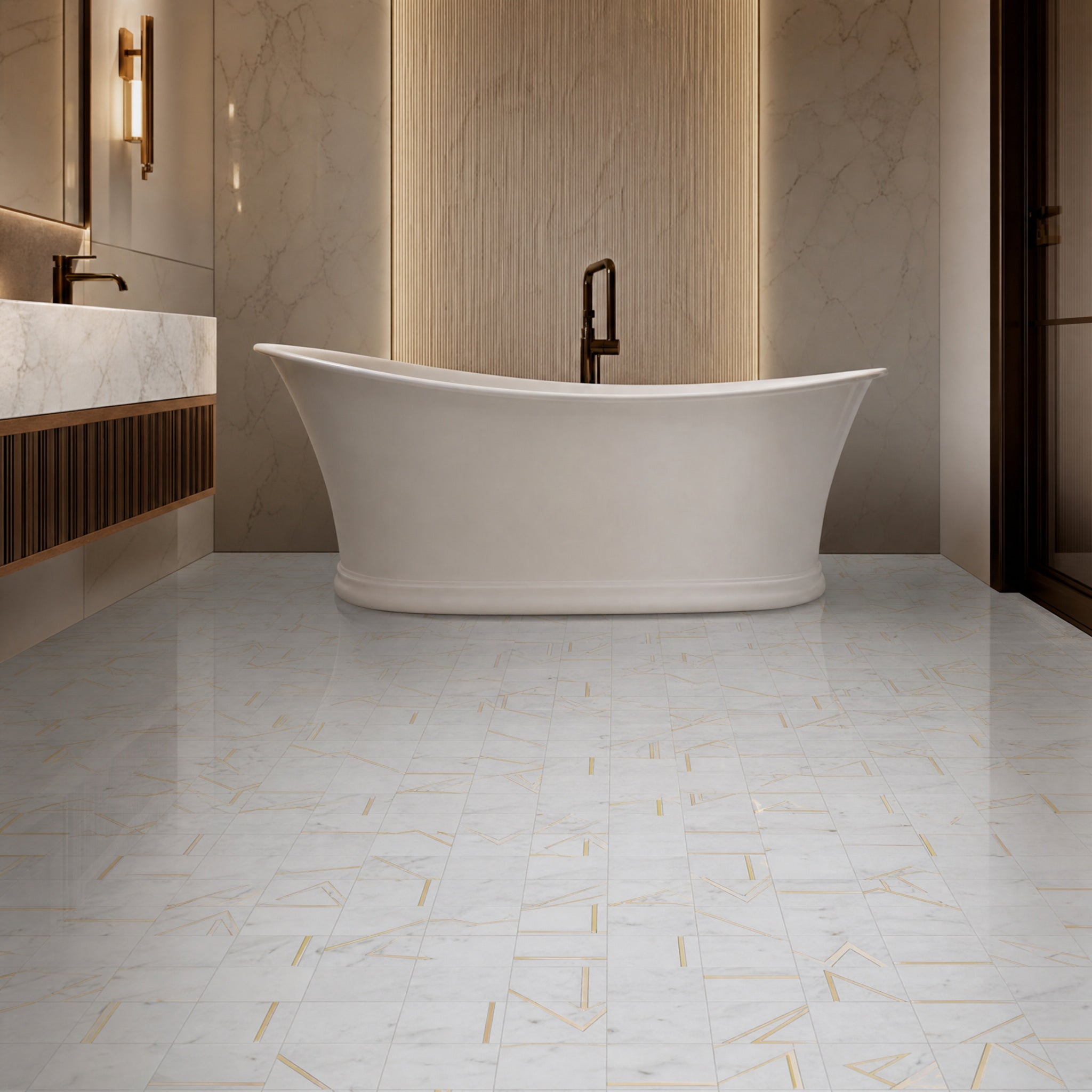 Carrara White 304 Stainless Steel Waterjet Marble Mosaic decorative mosaic floor in a luxury bathroom
