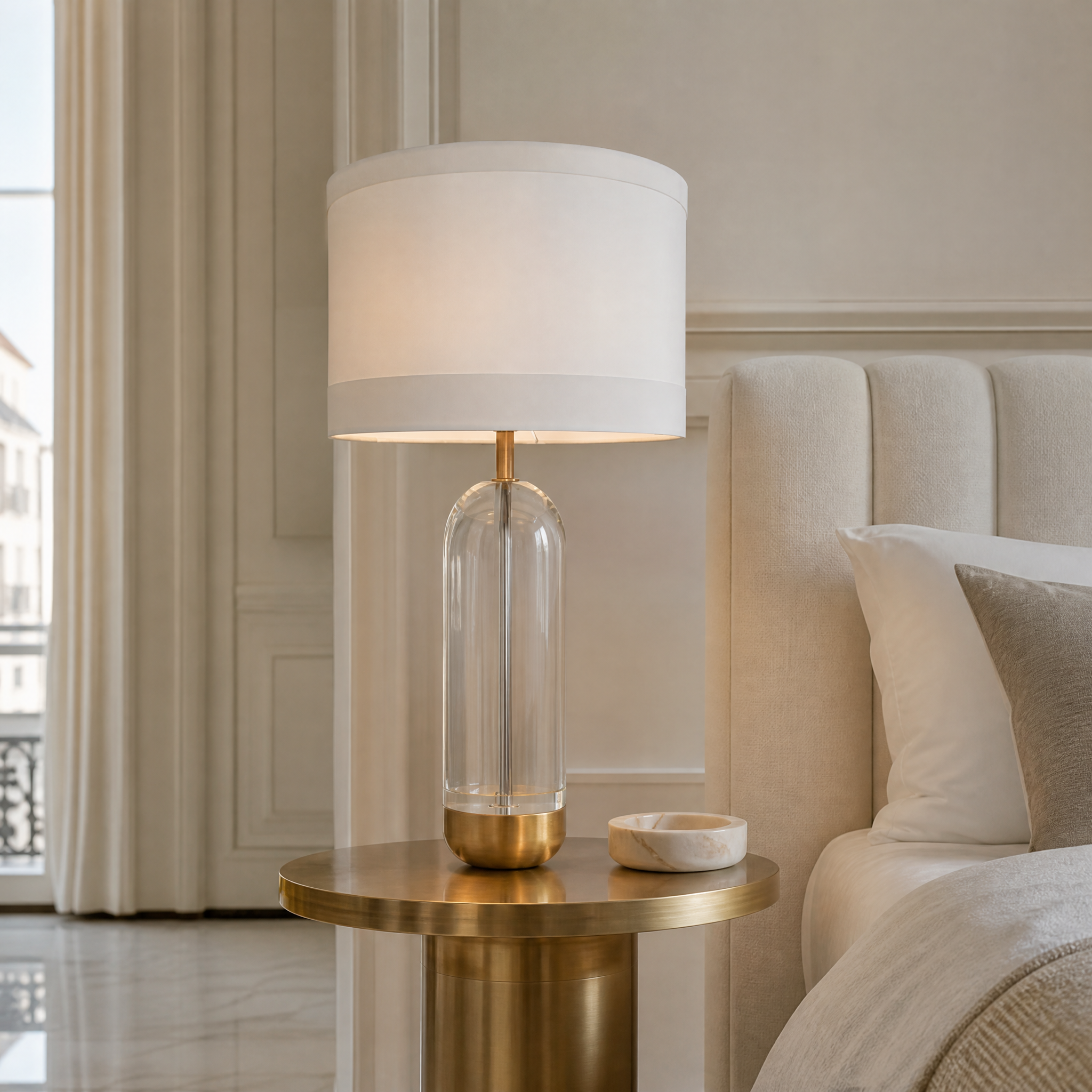 VORELLI Cavello crystal table lamp with a warm antique brass base and white fabric shade illuminating a modern residential living room interior.
