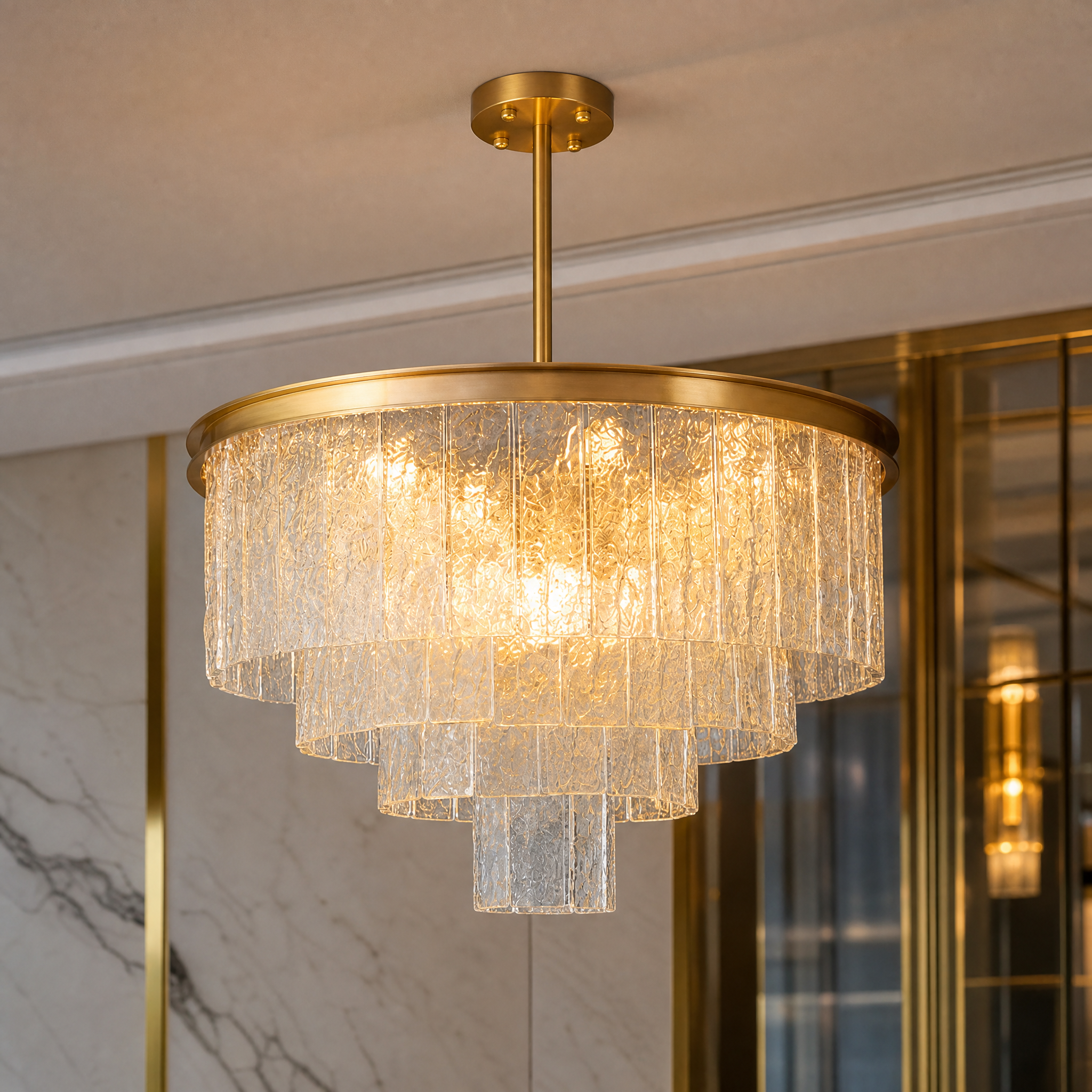 Macro closeup of the cracked textured rectangle crystals on the VORELLI Cellini circular chandelier, highlighting the intricate luxury craftsmanship.