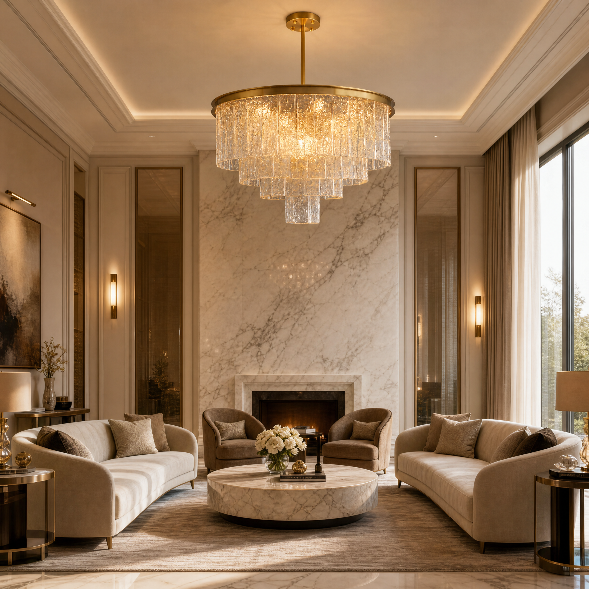 VORELLI Cellini circular chandelier with multiple tiers of cracked textured rectangle crystals illuminating an upscale residential living room interior.