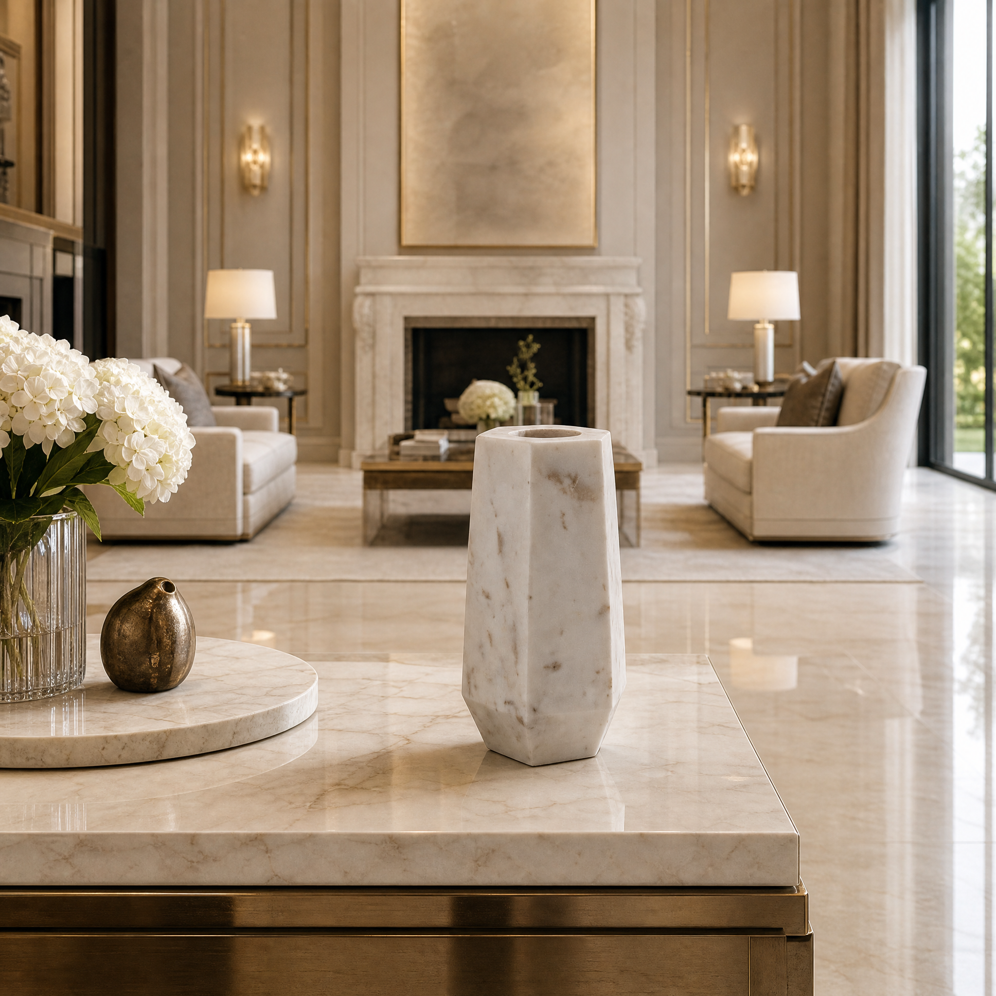 A elegant VORELLI Cervino white marble vase styled on a modern living room console table.