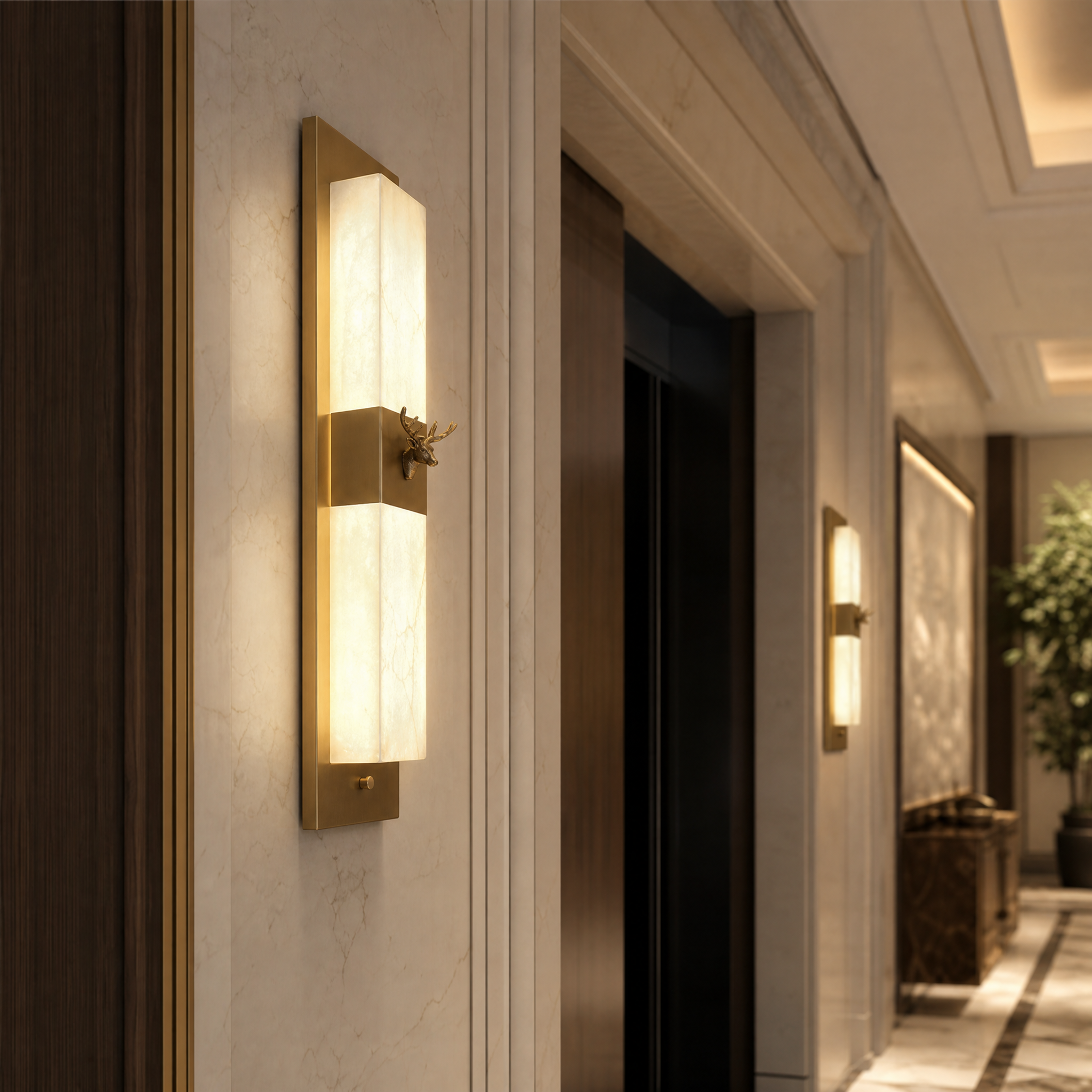 Upscale hospitality lounge featuring a pair of VORELLI Cervo marble wall lights with intricate stag detailing for sophisticated decor.