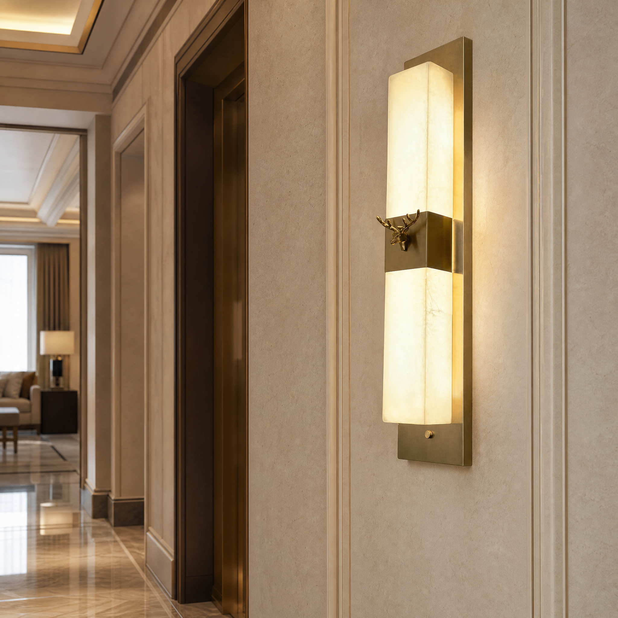 VORELLI Cervo architectural marble sconces illuminating a contemporary boutique hotel hospitality hallway.