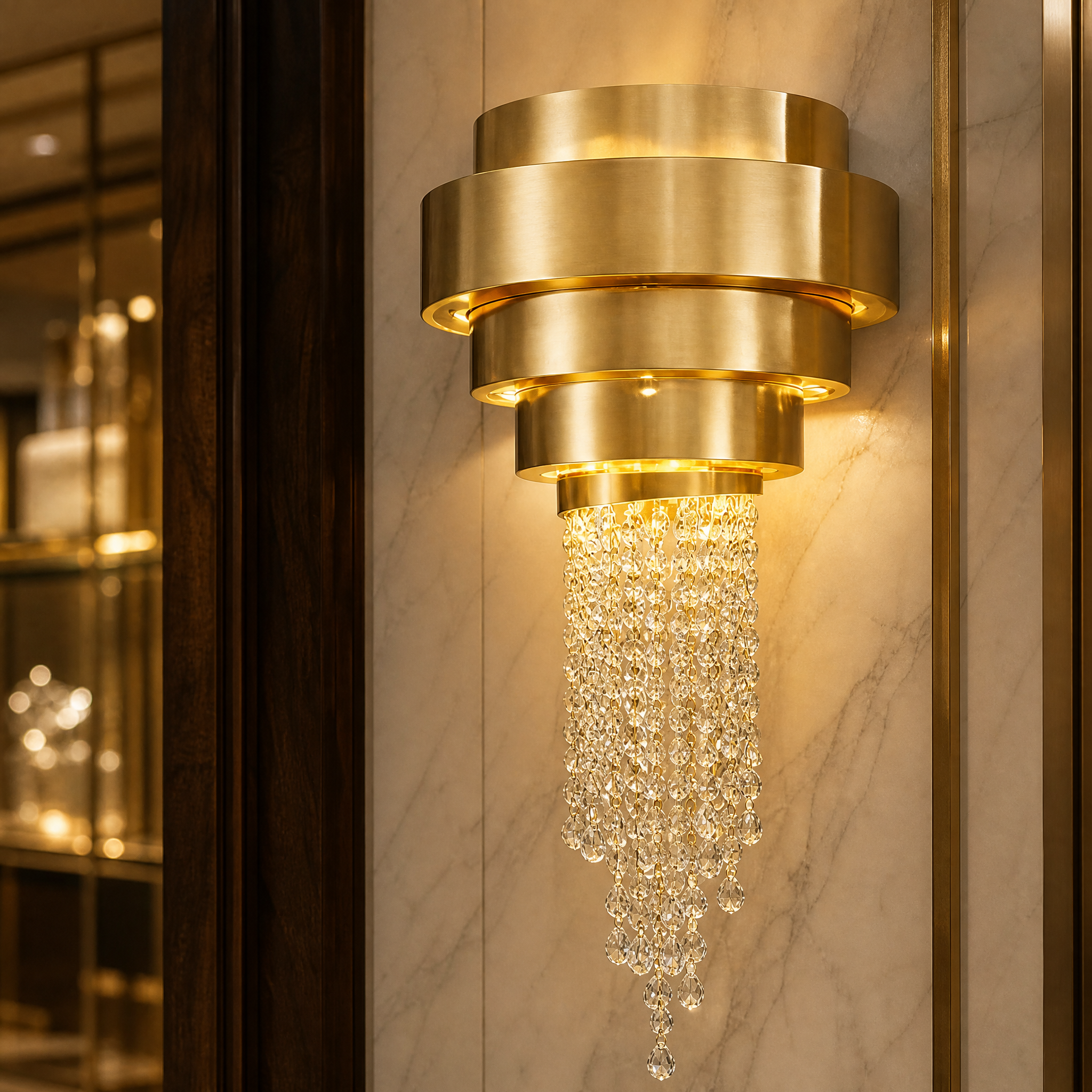 Close-up detail of the VORELLI Champs Élysées wall light showing the precision-cut octagon crystals and sleek #4 Titanium Gold frame.
