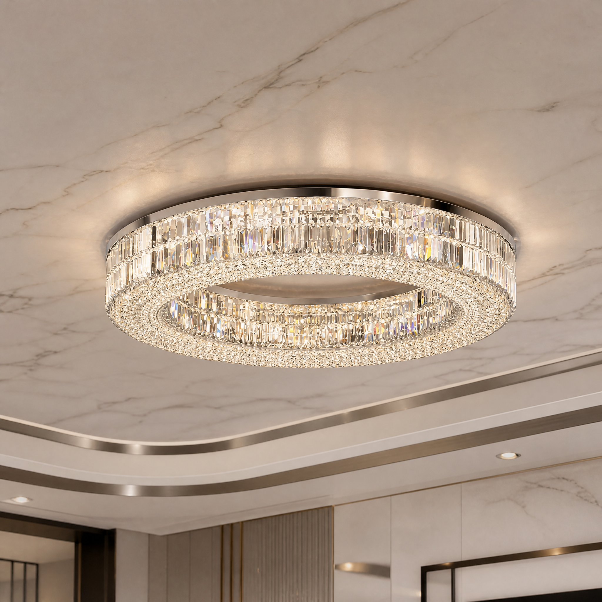 Macro close-up shot of the VORELLI Chartrons ceiling light showcasing the premium crystal bars, geometric squares, and reflective mirrored center.