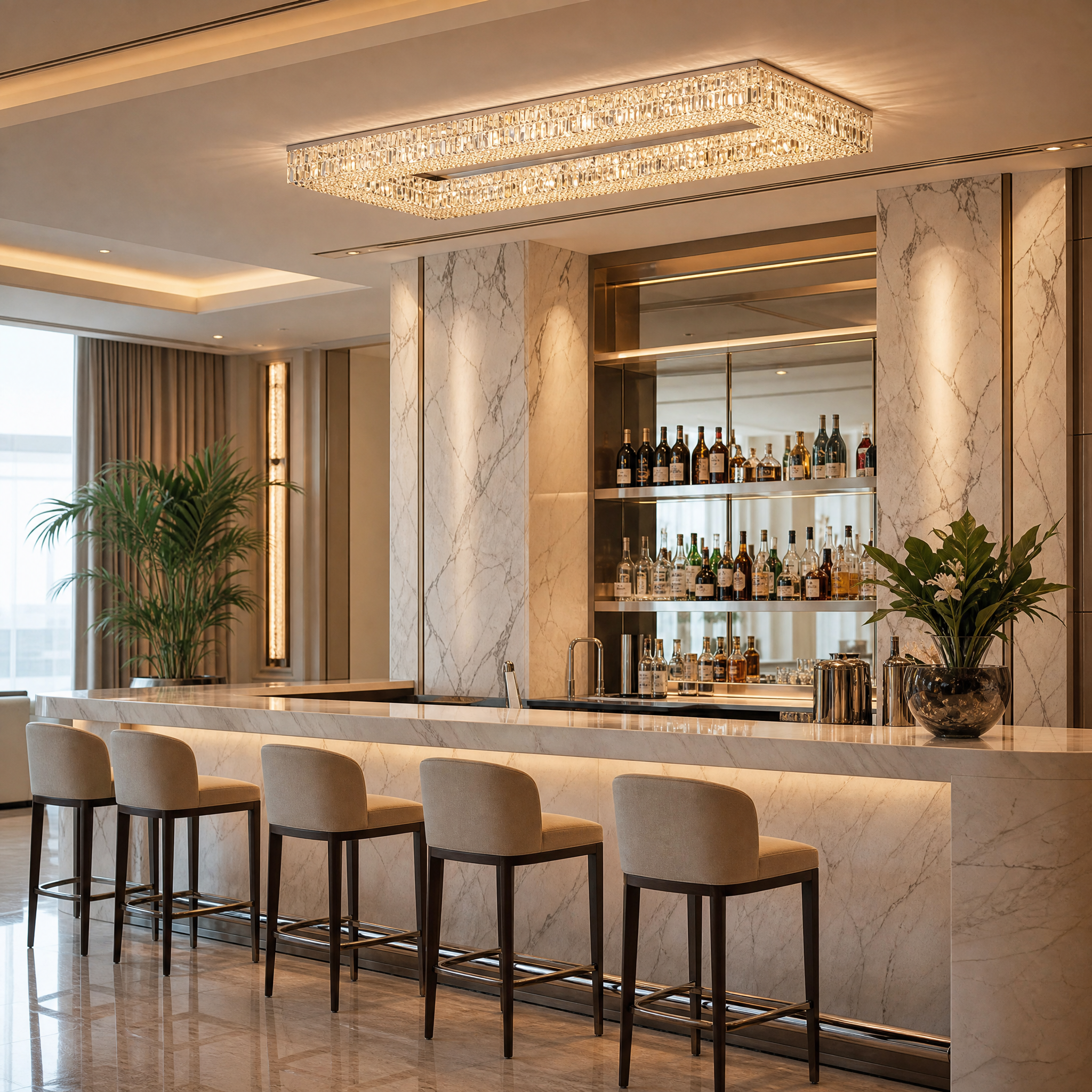 An elegant hospitality setting featuring the VORELLI Chartrons Rectangular Ceiling Light casting captivating light patterns across an upscale hotel lobby ceiling.