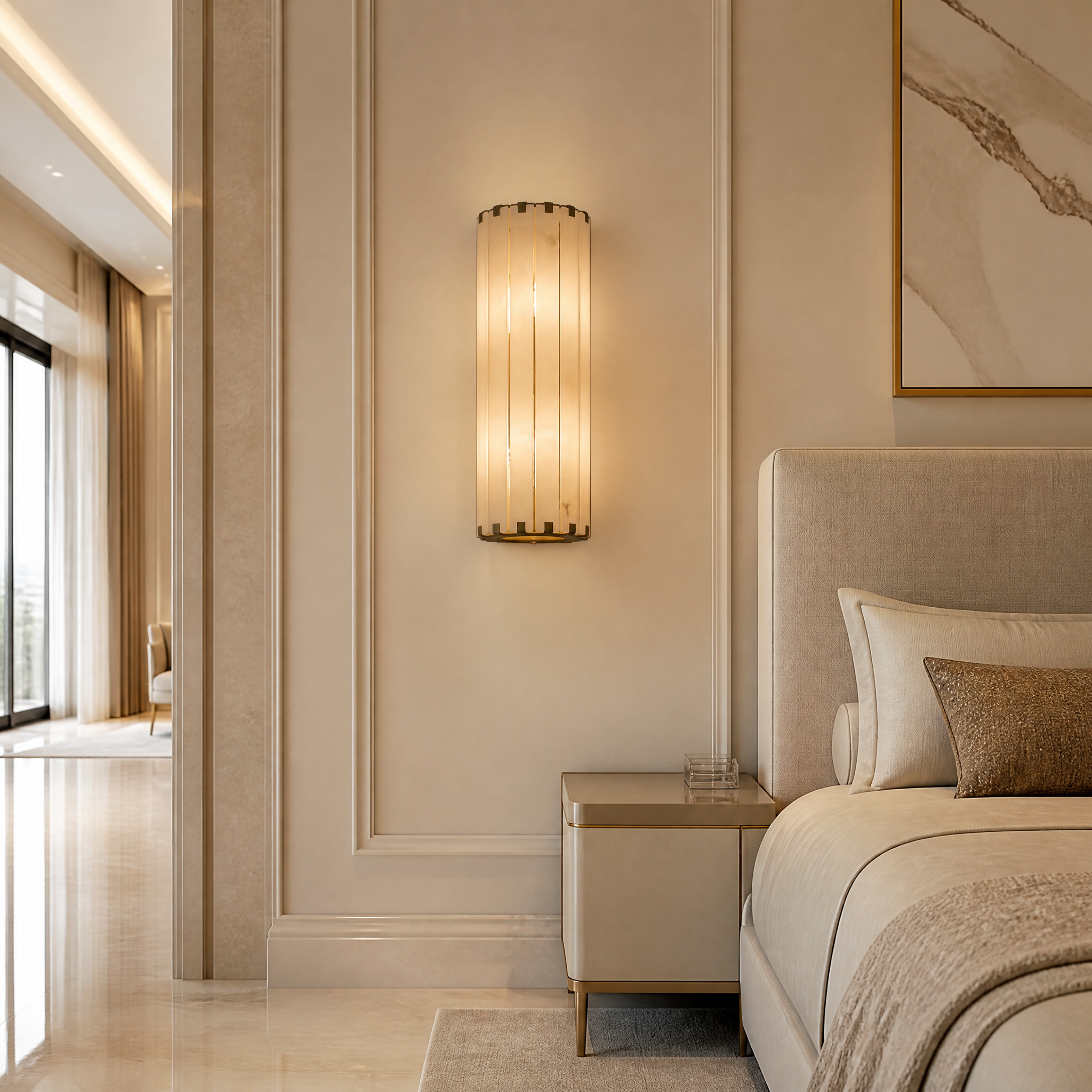 The Cicci Marble Wall Light by VORELLI casting a warm ambient glow on the wall of a luxury residential living room interior.