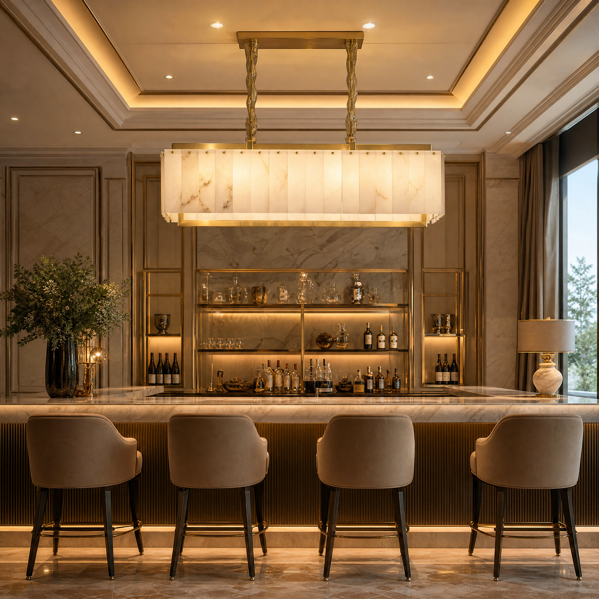 The elegant Classico Marble Rectangular Chandelier by VORELLI suspended in a sophisticated boutique hotel reception area, showcasing its refined design.