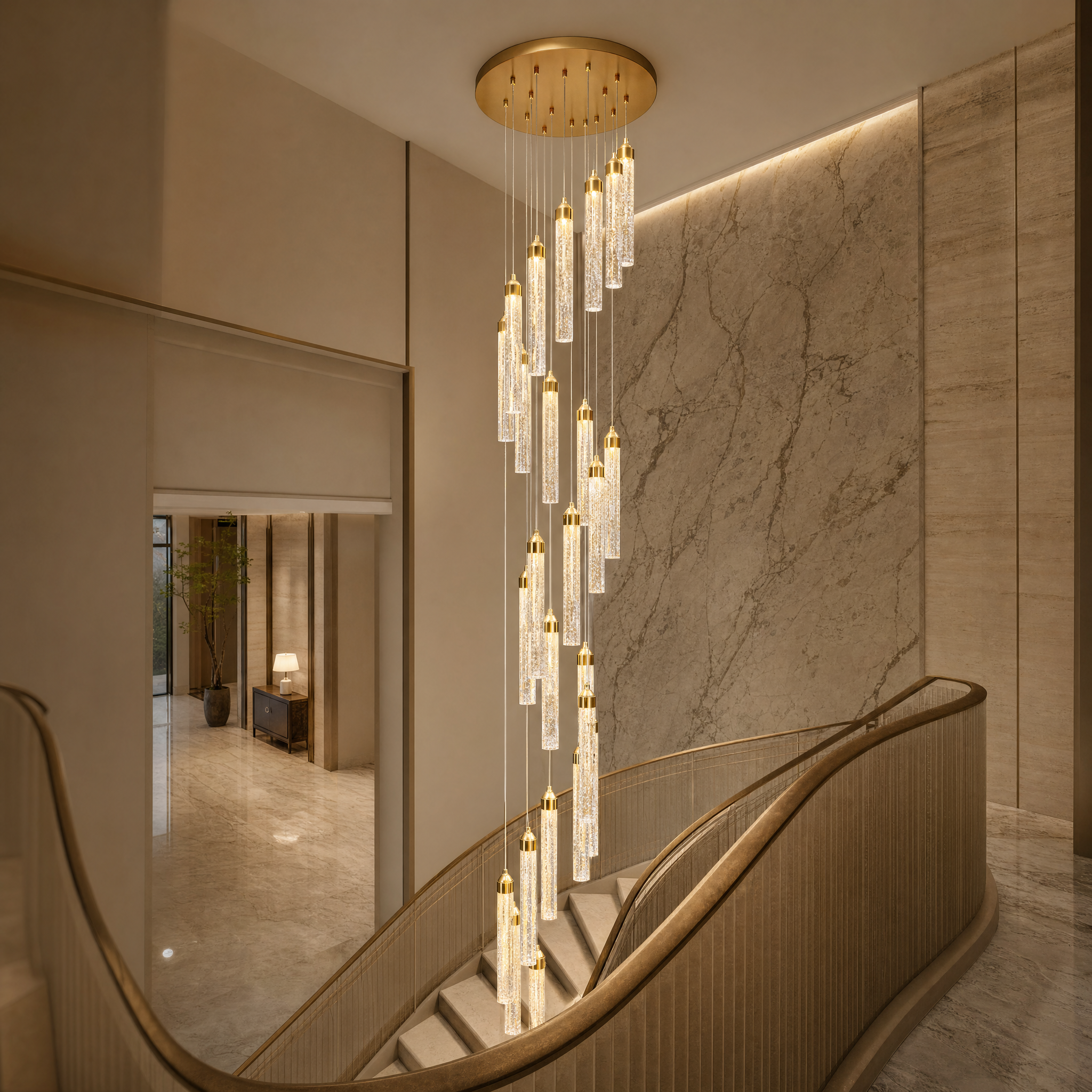Grand spiral Cobham crystal pendant chandelier by VORELLI installed in a high-end luxury hotel lobby, creating a stunning upscale focal point.