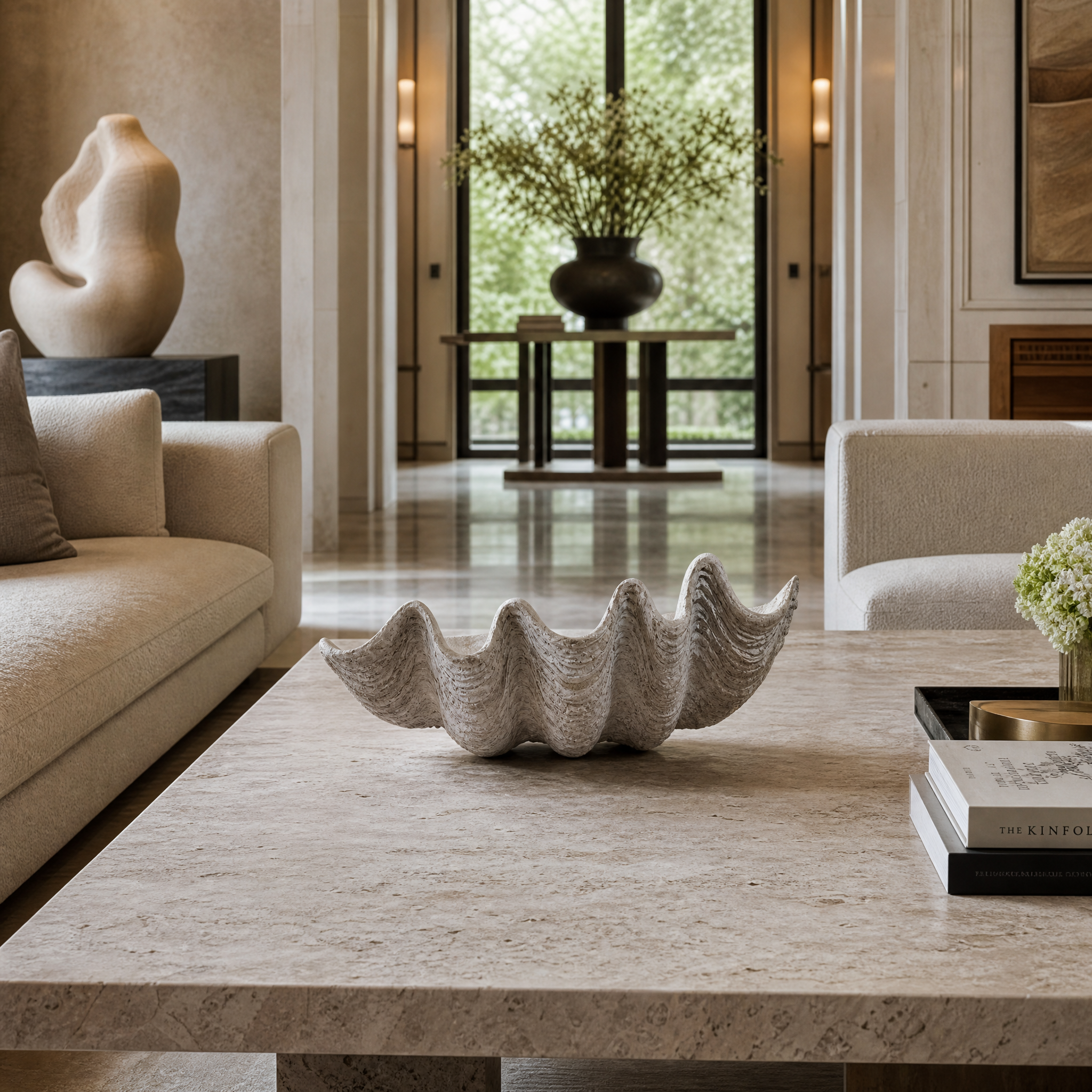 VORELLI Conchiglio small decorative clam shell placed on a luxury residential living room console table for a refined coastal aesthetic.