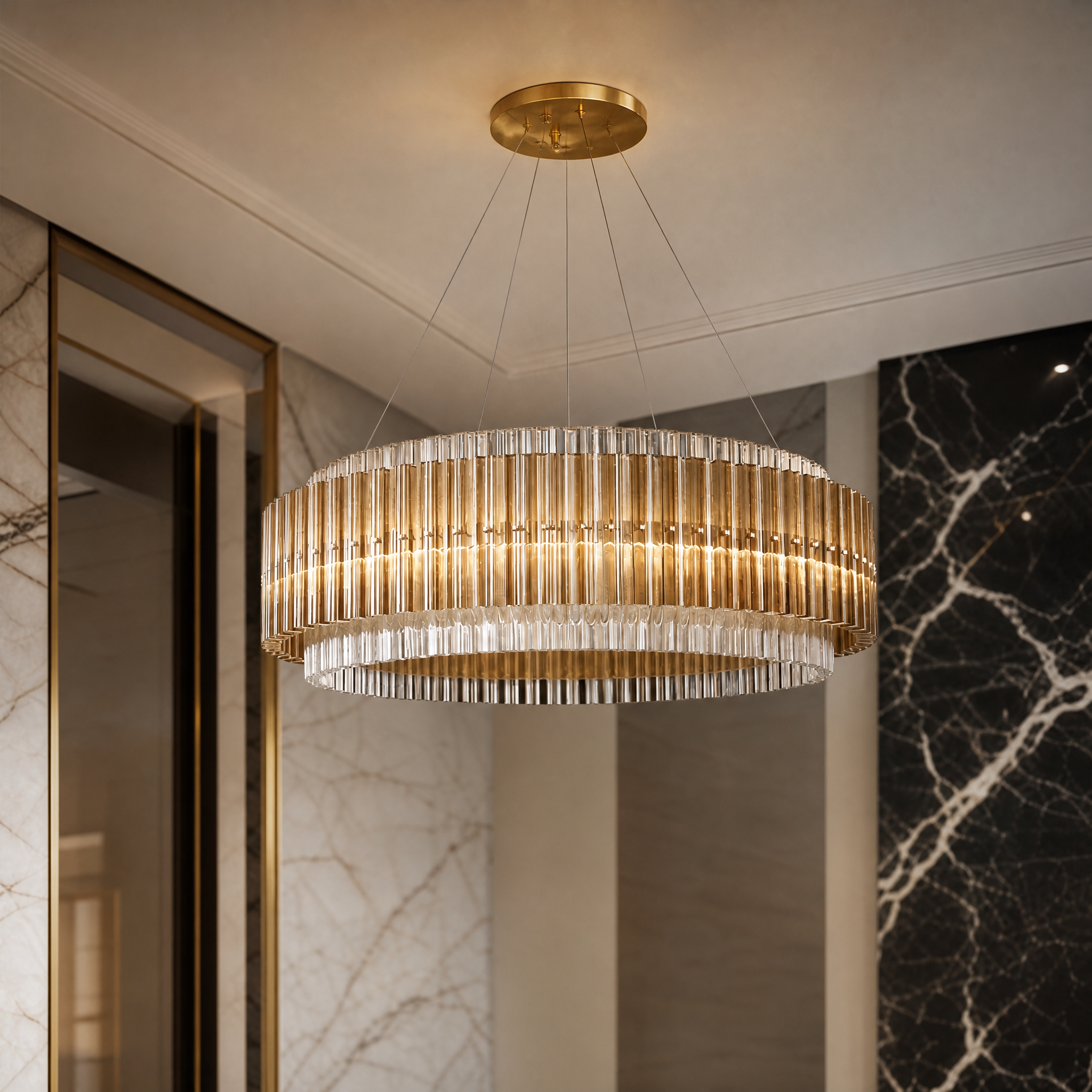 Macro closeup of the unique X-profile prism crystals on the VORELLI Condotti circular chandelier showcasing the brilliant light refraction.
