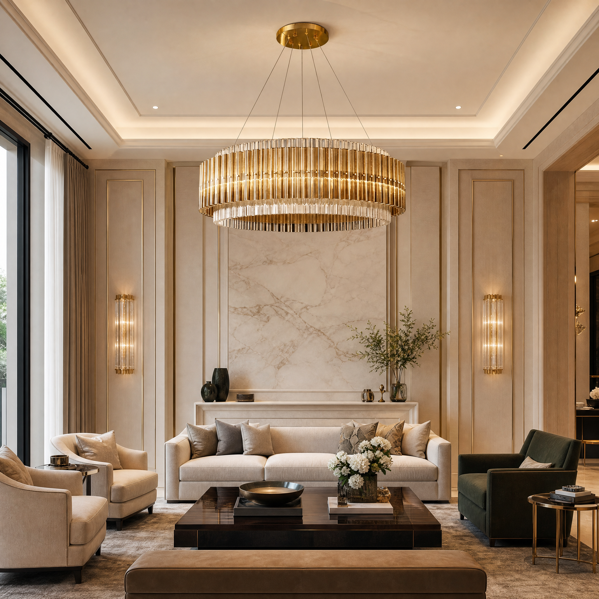 VORELLI Condotti circular ring chandelier with X-profile prism crystals illuminating a modern luxury residential living room.