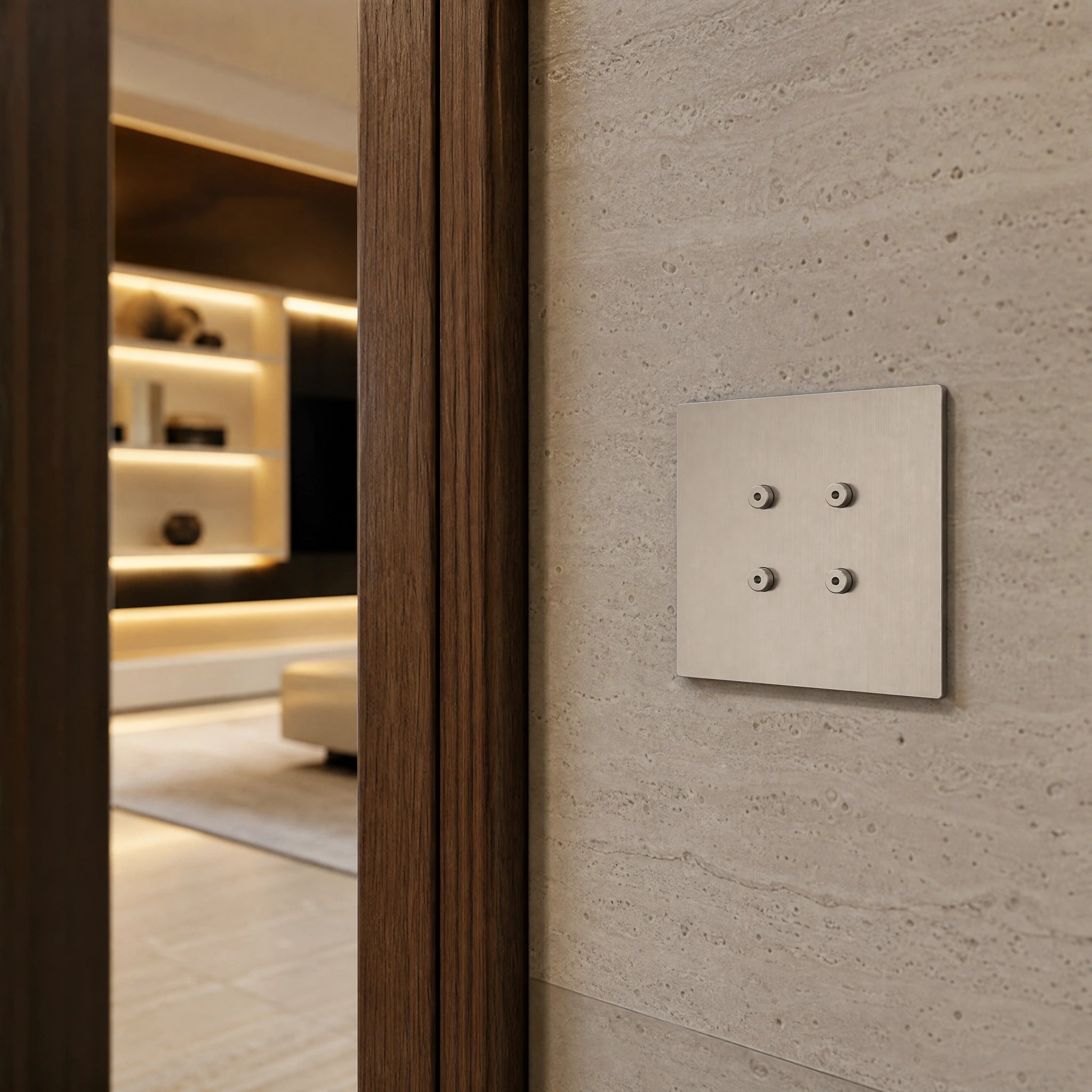 Close-up of a luxury roma control switch installed within architectural wall near layered lighting control in a private residence by VORELLI®.