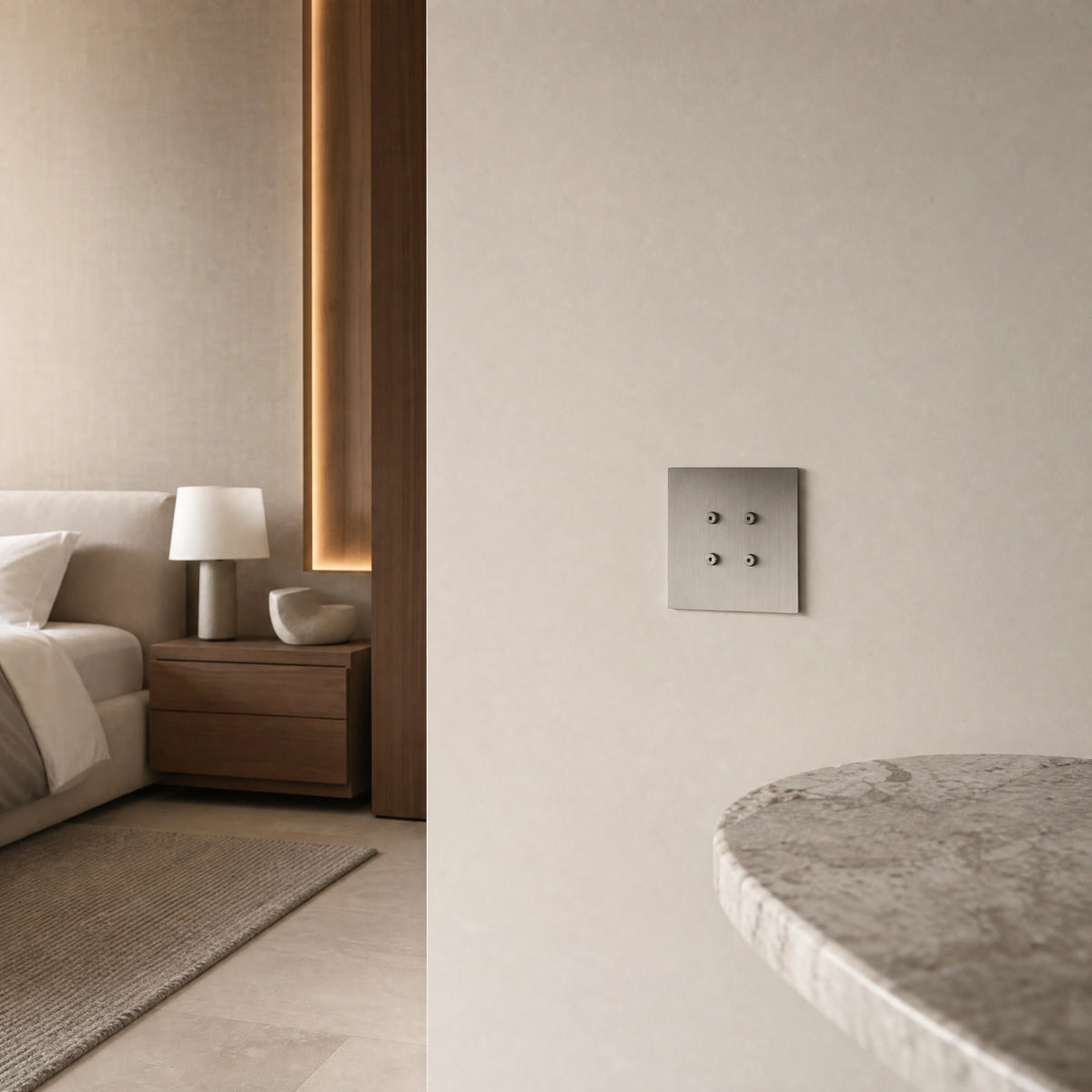 Luxury roma control switch installed within architectural wall near layered lighting control in a private residence in a UHNW interior by VORELLI®.