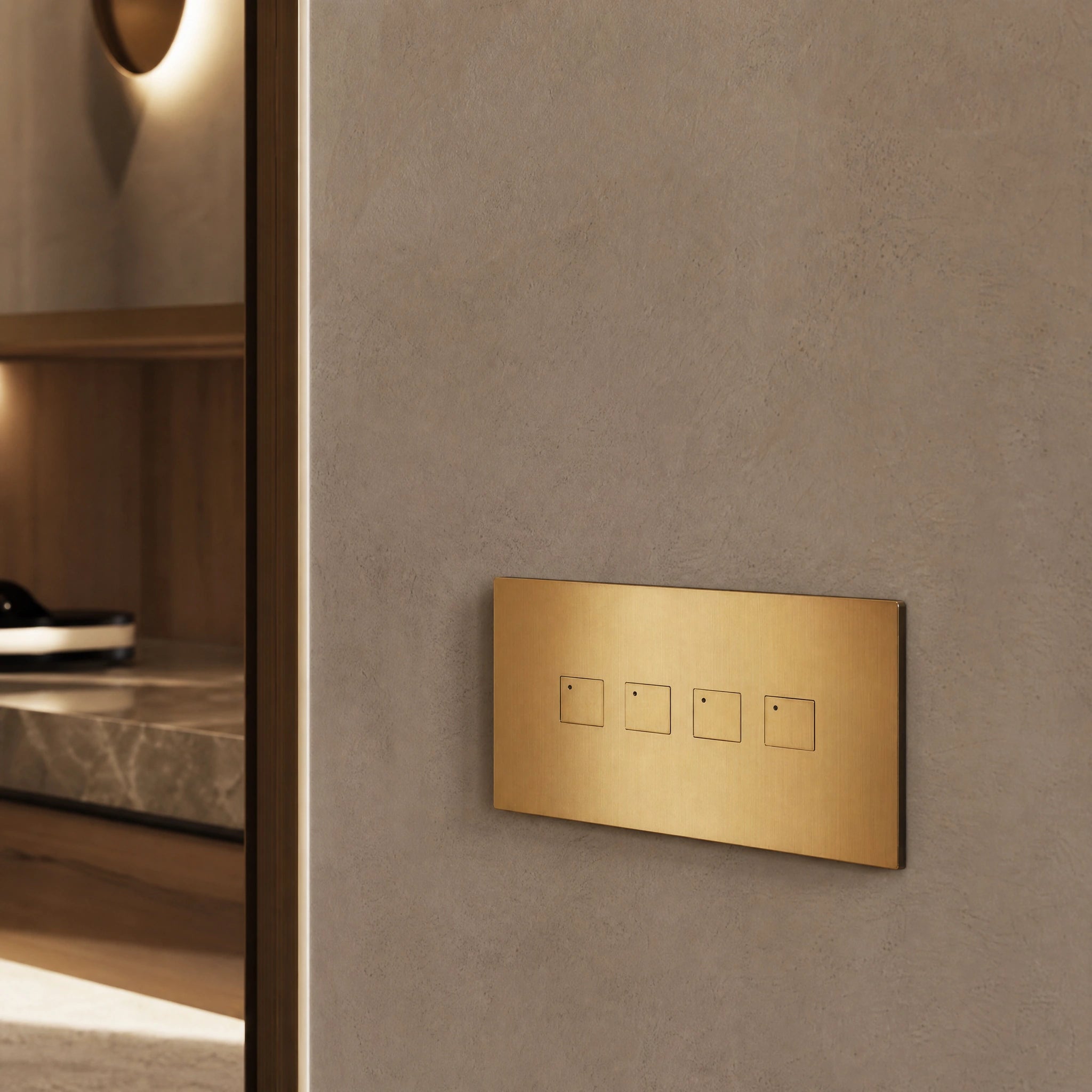 Close-up of a luxury sienna control switch installed within architectural wall near layered lighting control in a private residence by VORELLI®.