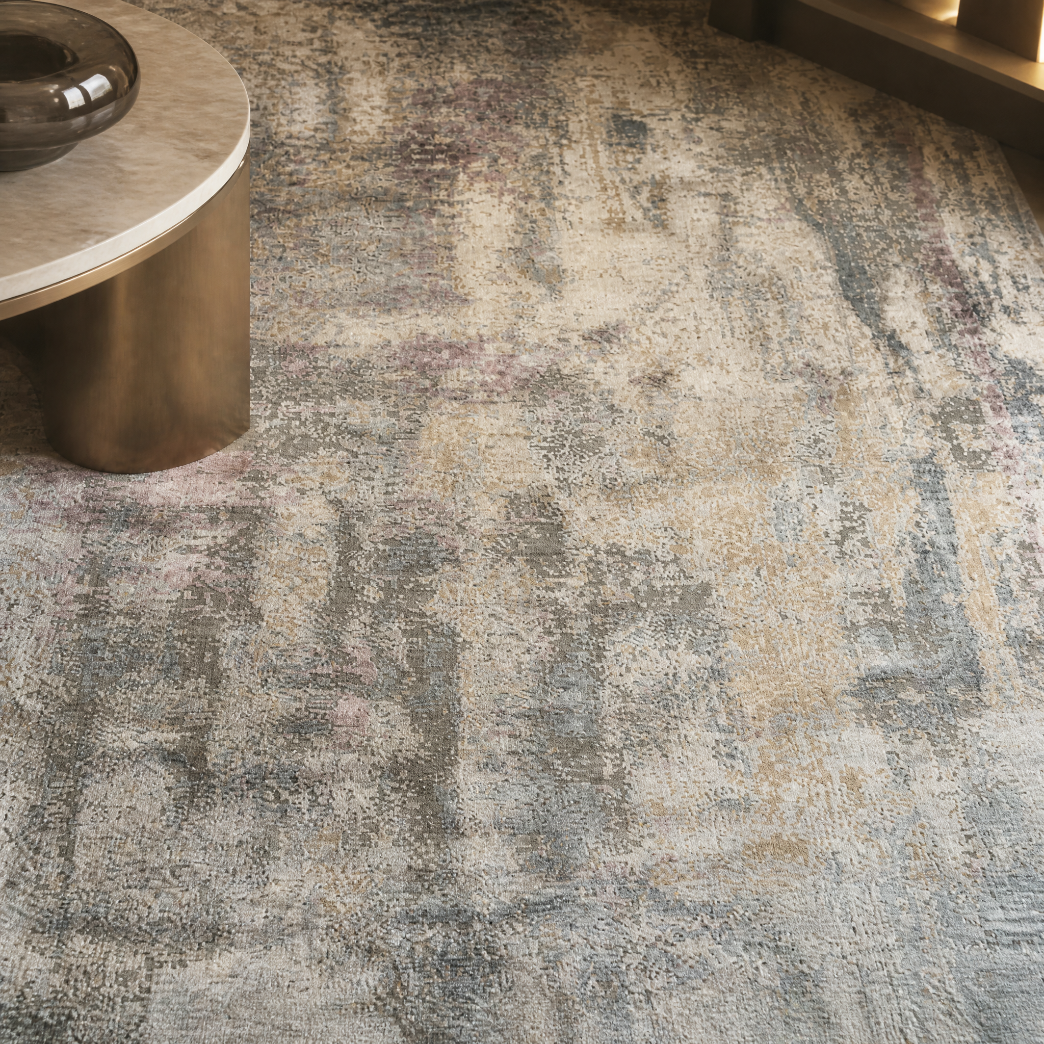Macro view of the high-quality hand-knotted weave and detailed texture on the VORELLI Cortina rug in antique white and ice blue.