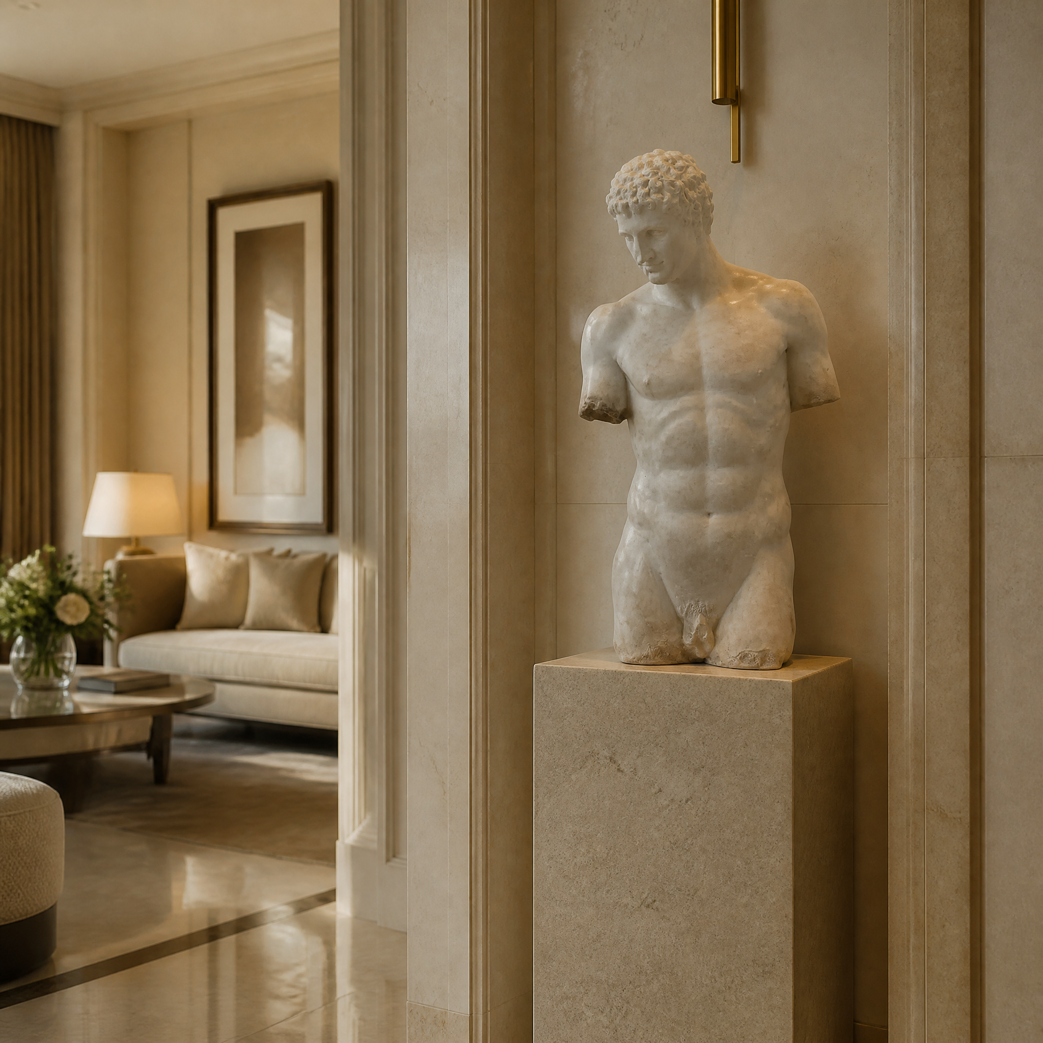 A commanding VORELLI Cosimo Half Torso sculpture serving as a dramatic focal point in a high-end hospitality lounge, exuding mythological grandeur and divine energy.