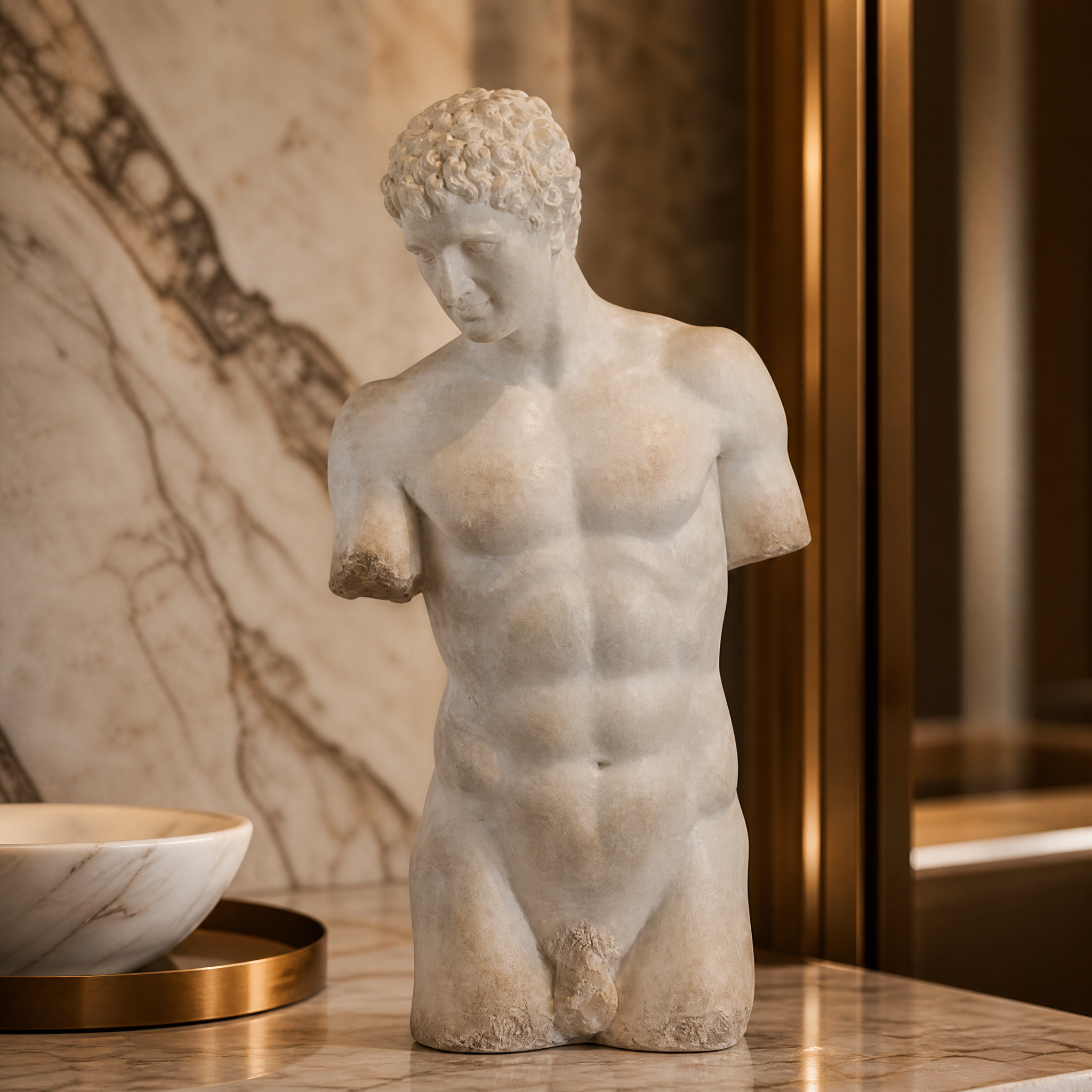 A detailed close-up shot of the VORELLI Cosimo Half Torso Decor, highlighting the intricate textures and fine craftsmanship inspired by the Apollo plaster at the MET Museum.