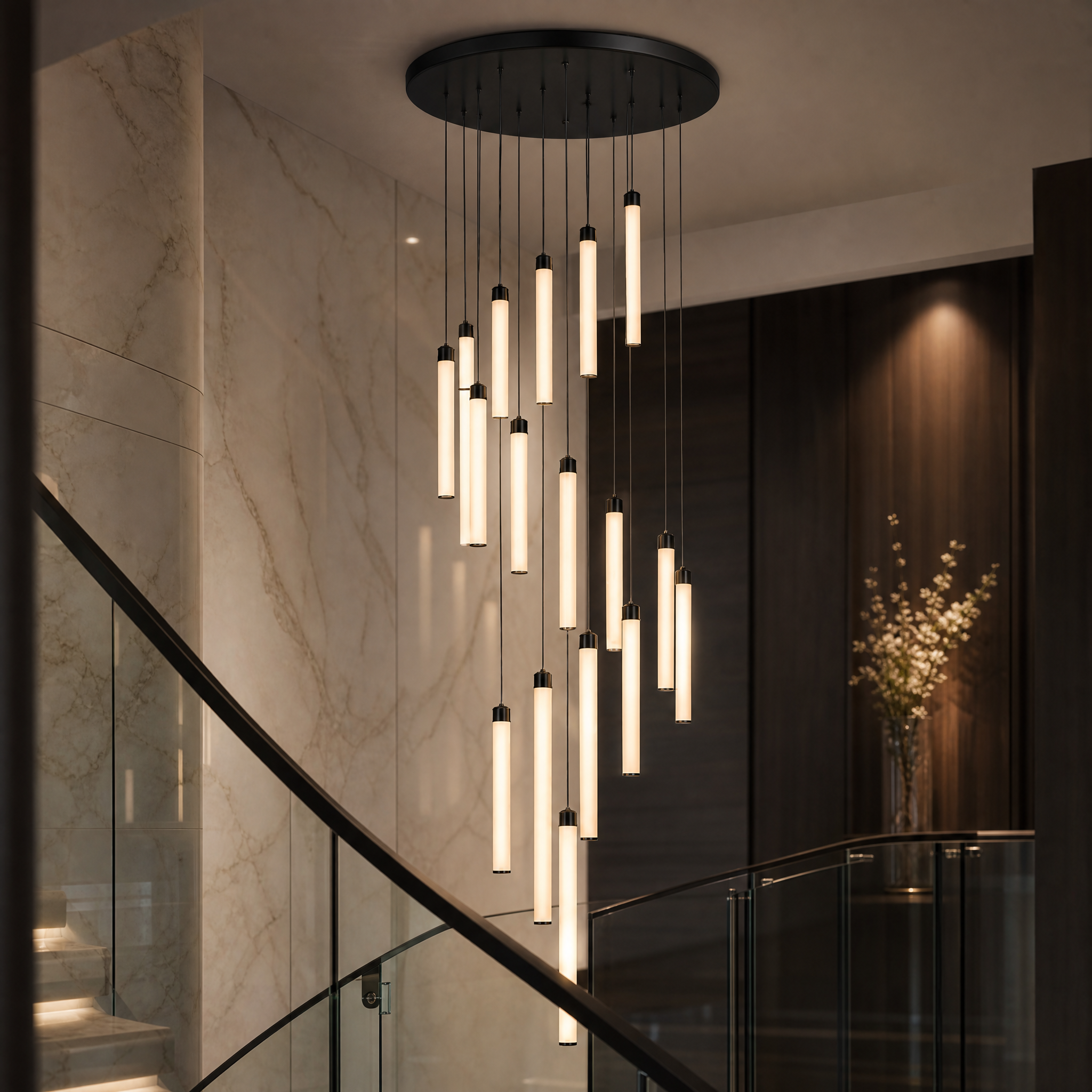 Detailed closeup of the VORELLI Cowley pendant chandelier showcasing its sleek lines, premium materials, and artistic contemporary design.