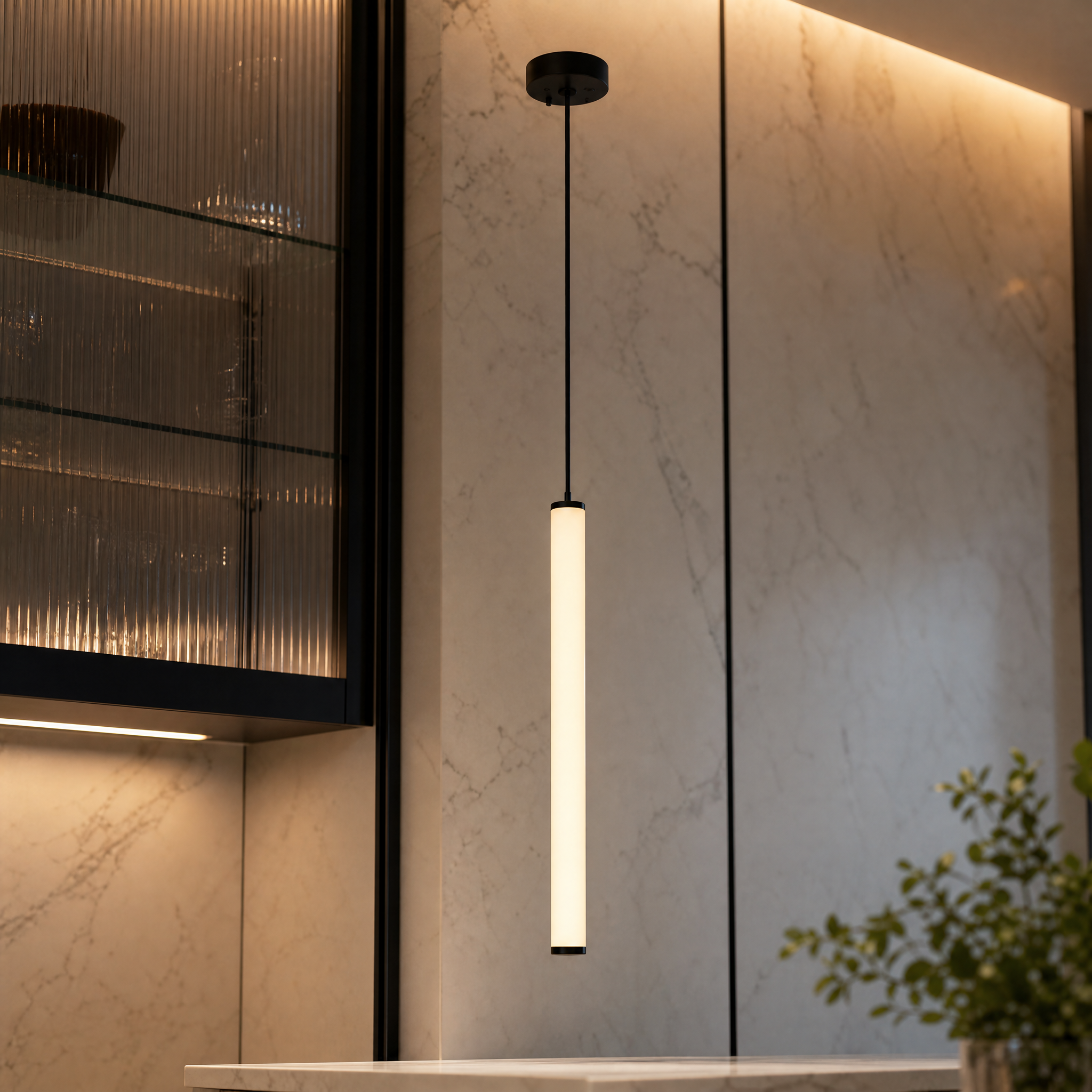 A macro close-up showcasing the premium finishes and refined craftsmanship of the contemporary VORELLI Cowley Pendant Light.