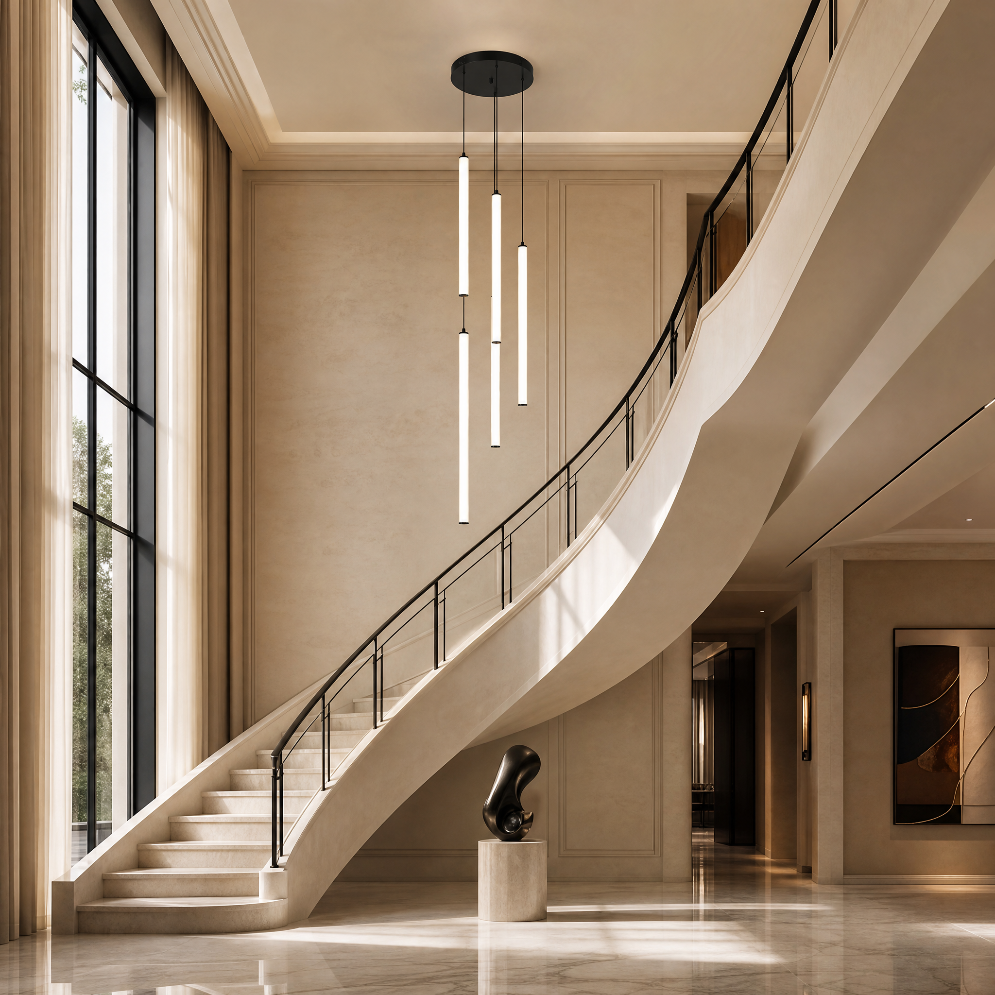 Luxury modern staircase interior featuring the VORELLI Cowley pendant staircase chandelier with sleek tubular lights.