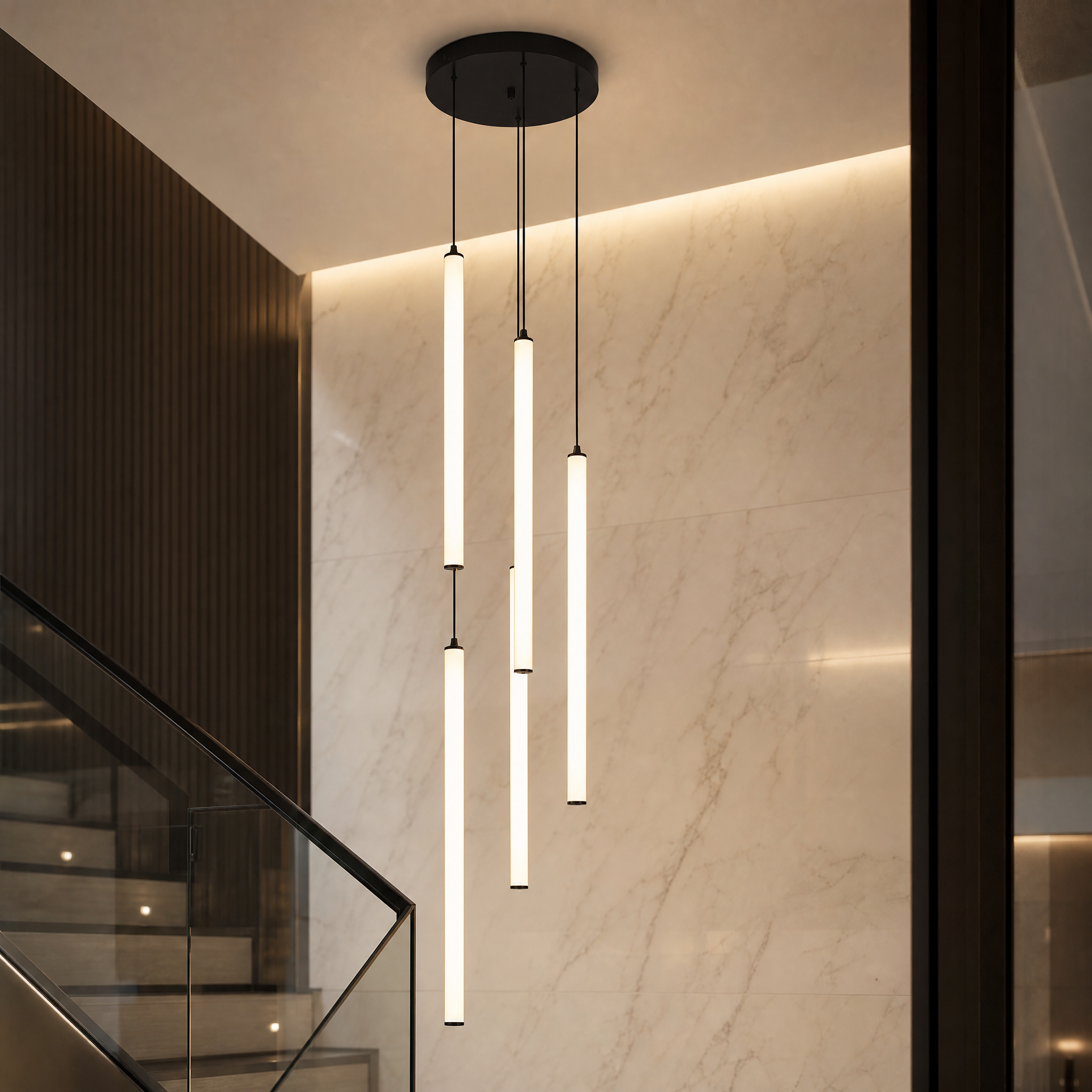 Macro close-up view of the premium metallic finish and glass detailing on the VORELLI Cowley tubular pendant light.