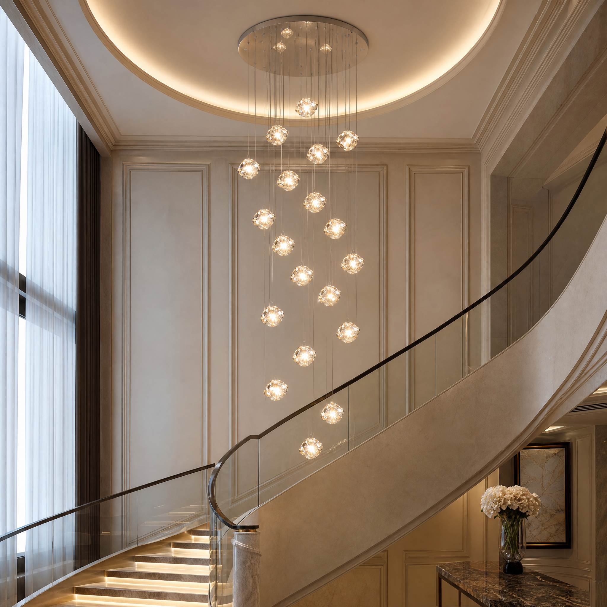 VORELLI Crenshaw pendant staircase chandelier with striking cube crystal pendants installed in a high-end luxury hotel lobby entrance.