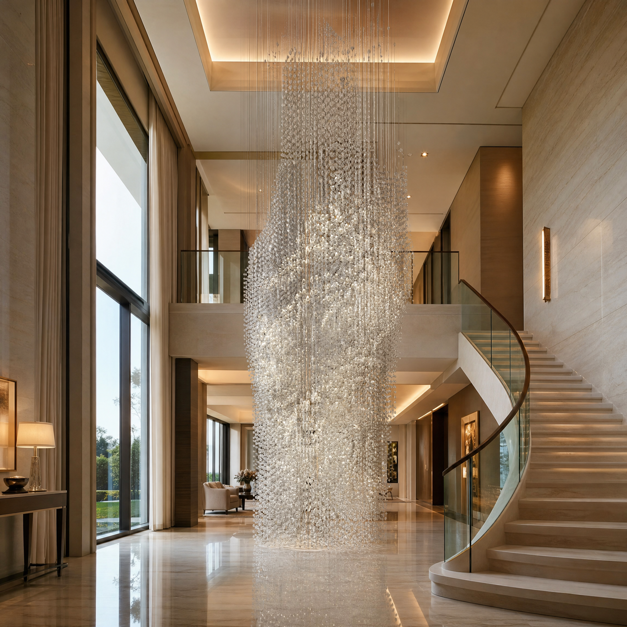 VORELLI Crystal Bead Waterfall installation cascading down a grand double-height residential living room, casting a brilliant refracted glow.