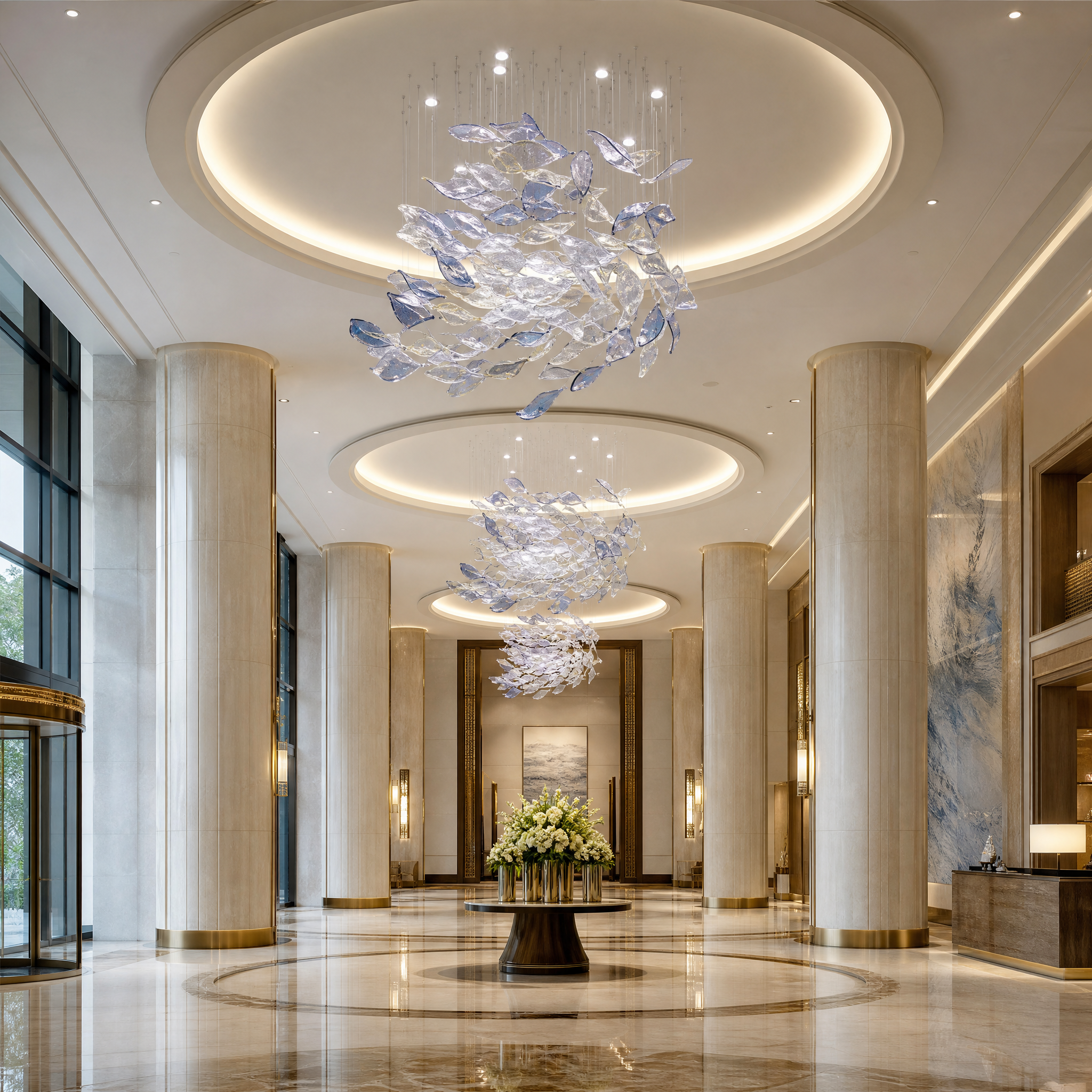 Grand VORELLI Crystal Current sculptural lighting installation in a luxury hotel lobby reception area, featuring fluid handcrafted glass elements.