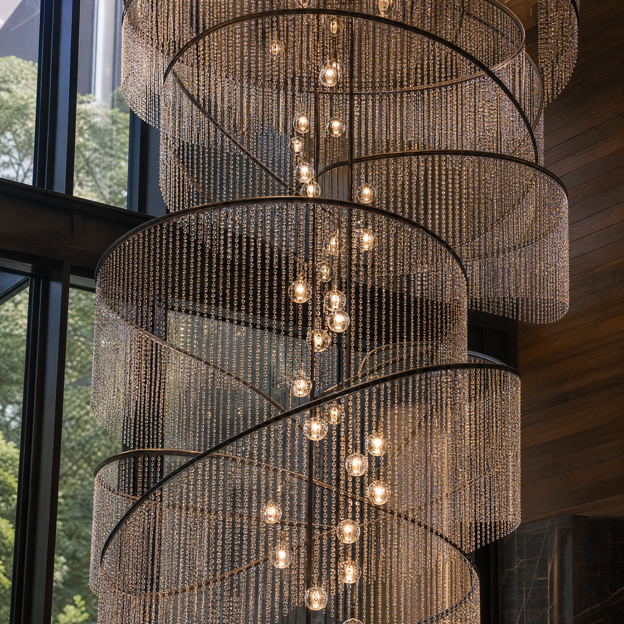 Close-up detail of VORELLI crystal rings and suspended glass bubble balls showcasing light refraction and intricate craftsmanship.
