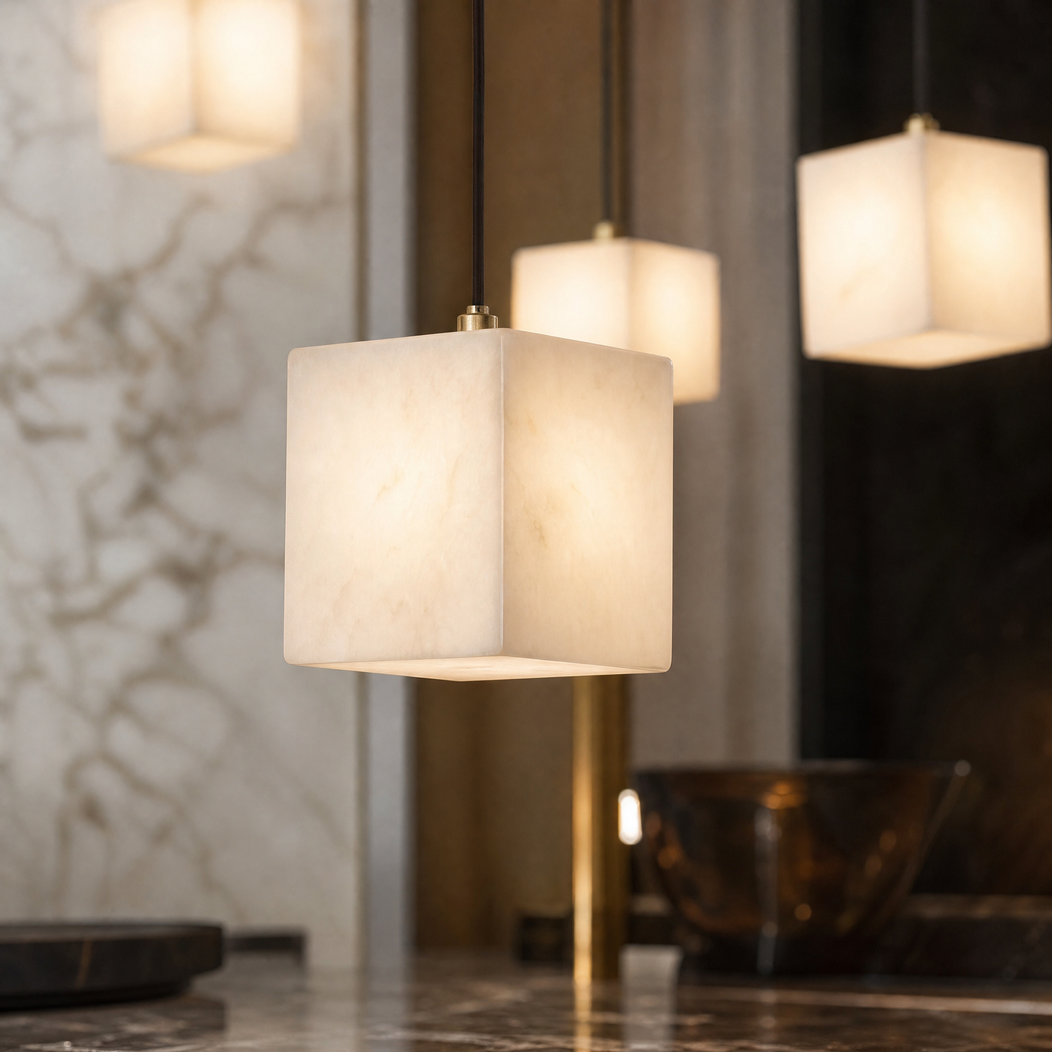 Detailed closeup of the VORELLI Cubetto pendant light, showcasing the intricate natural veining and elegant pure cubic form of the backlit marble.