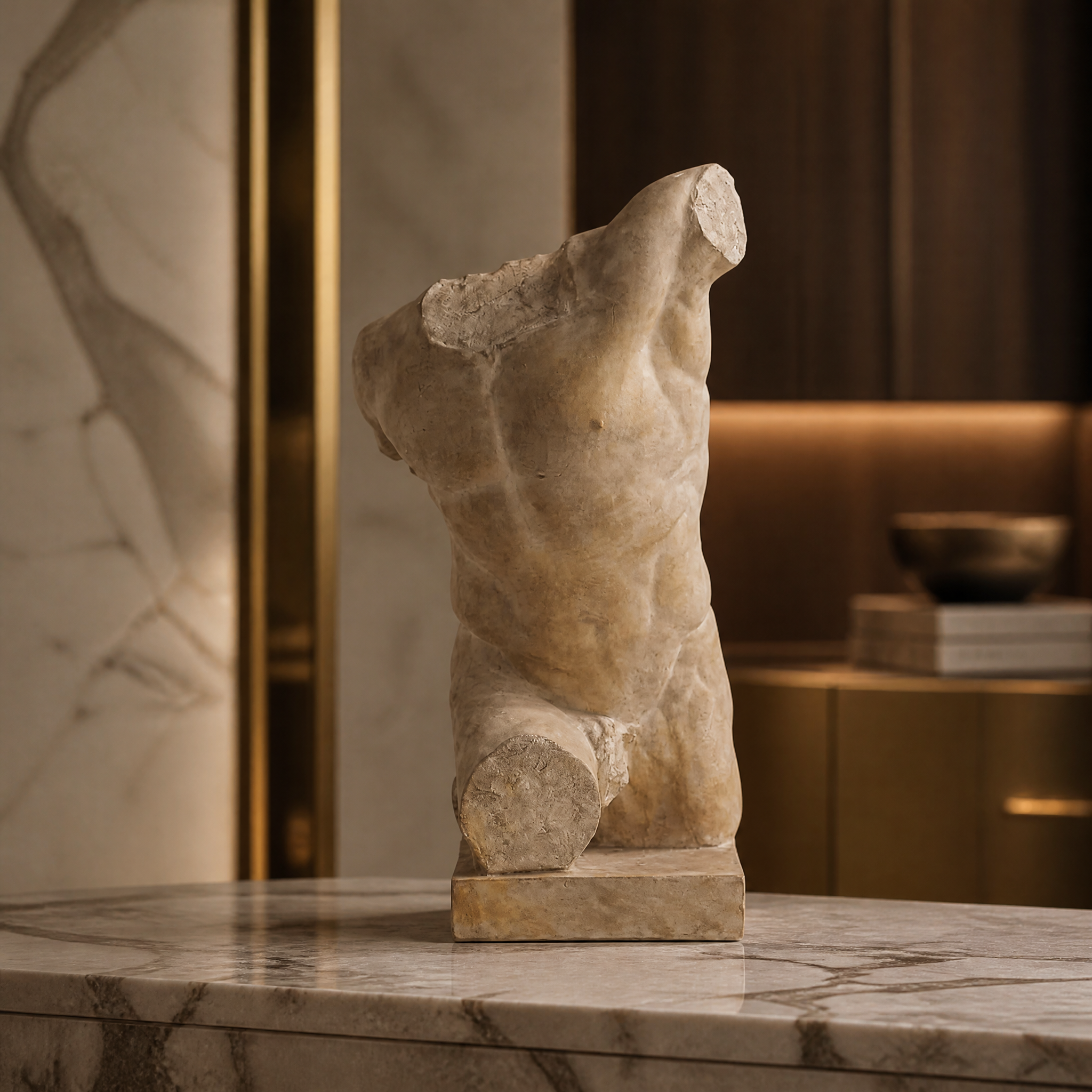 A detailed closeup of the VORELLI Dalmazio polyresin male torso sculpture highlighting the intricate sculptural details and authentic aged plaster texture.