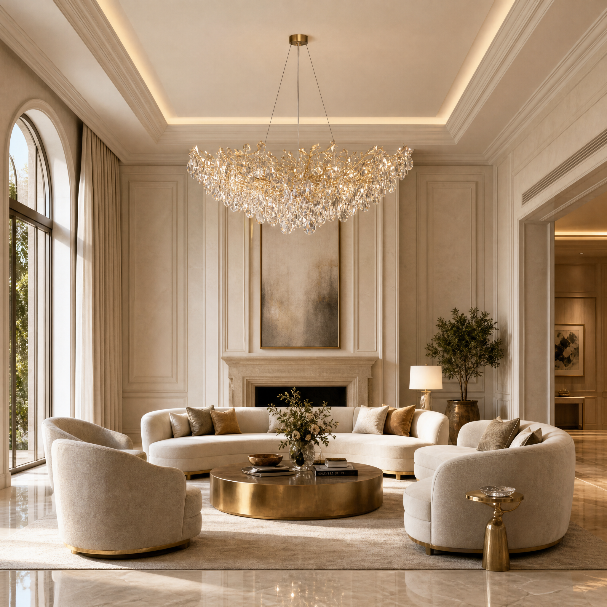 The VORELLI Dewdrop Circular Chandelier IV illuminating a luxury residential living room, highlighting its cascading crystal drops and gold detailing.