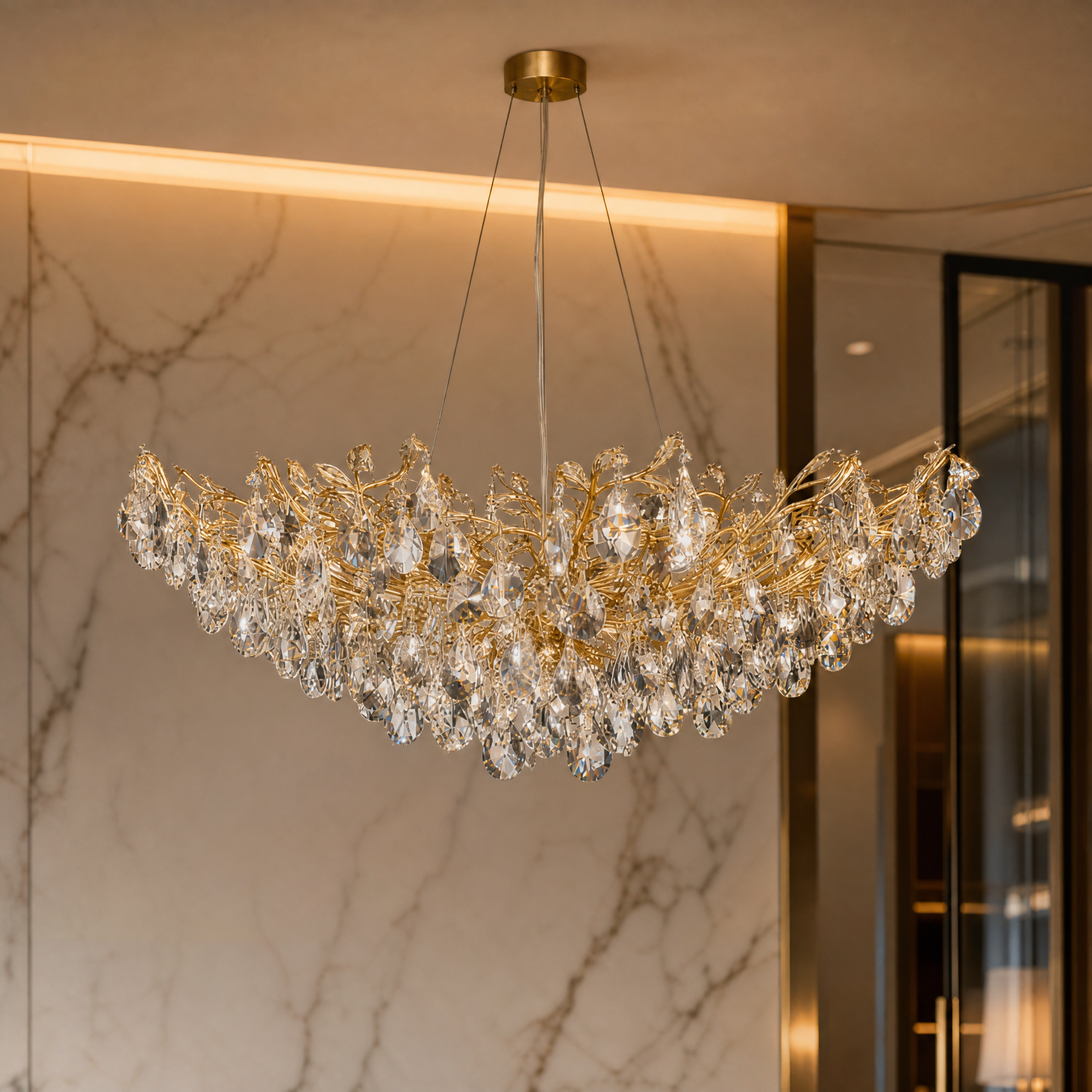 A detailed close-up of the VORELLI Dewdrop Circular Chandelier IV showcasing the intricate sculpted gold metalwork and precision-cut crystal drops.