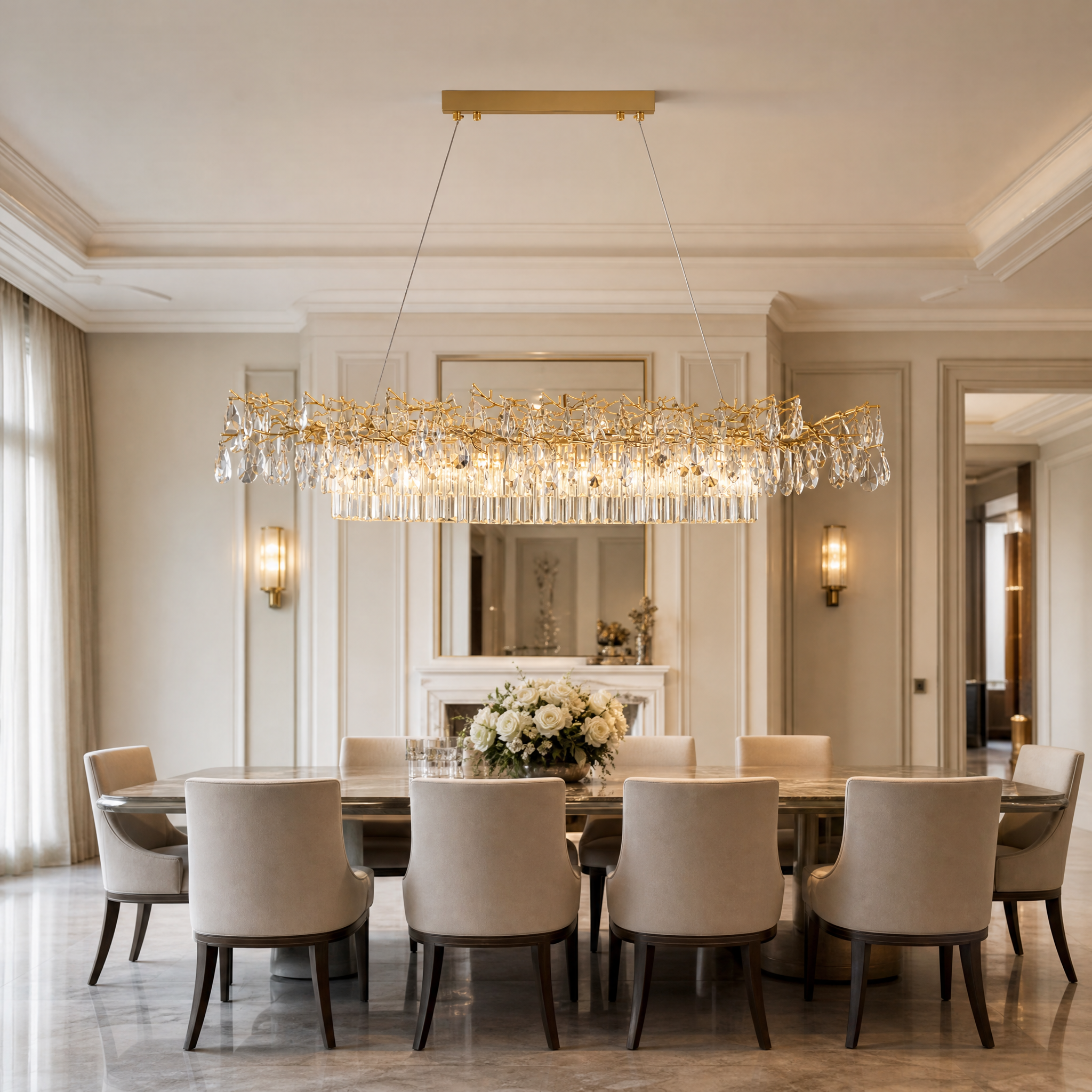 VORELLI Dewdrop Rectangular Chandelier II with gold branch frame and cascading teardrop crystals hanging above a modern luxury dining table in a residential home.