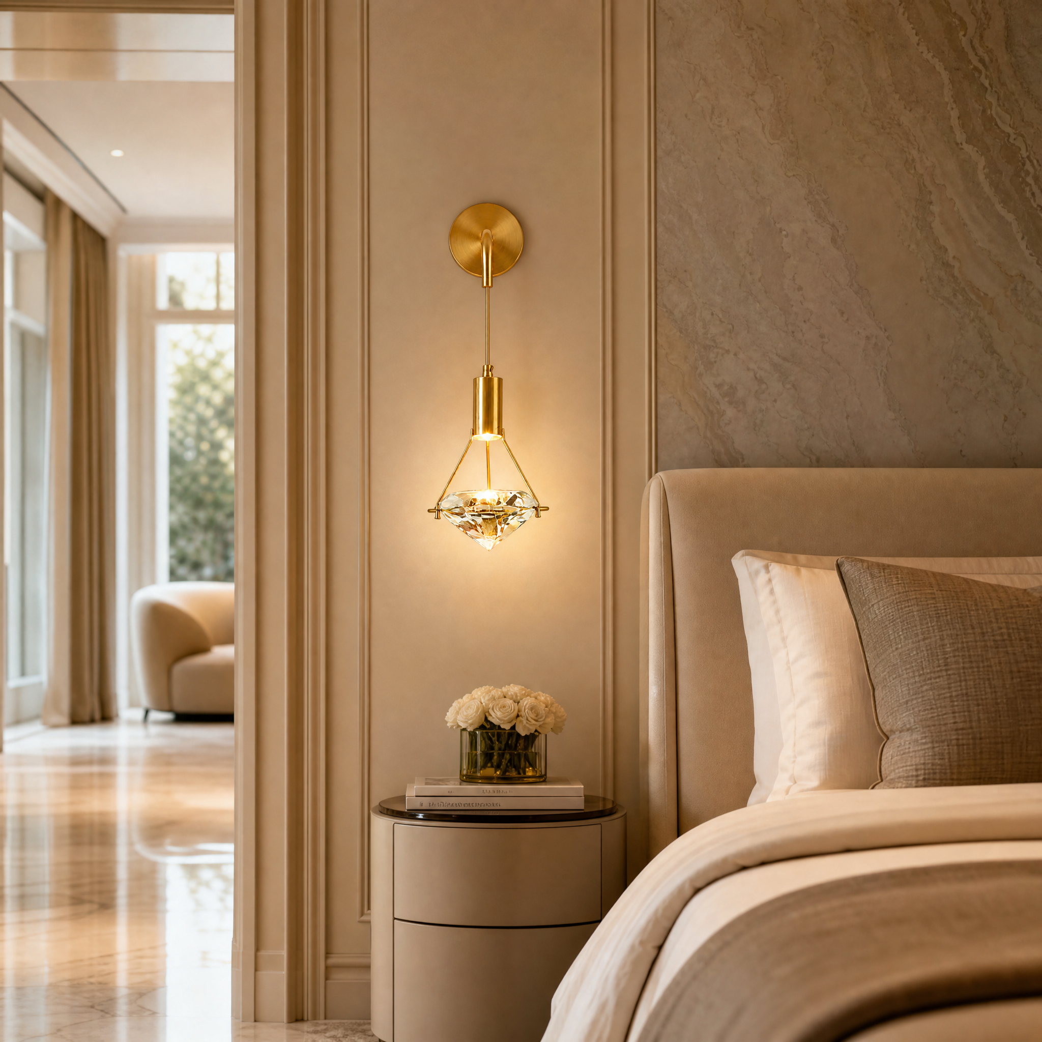 The VORELLI Diamante Wall Light illuminating a luxury residential bedroom with a warm, elegant glow from its faceted crystal centerpiece.