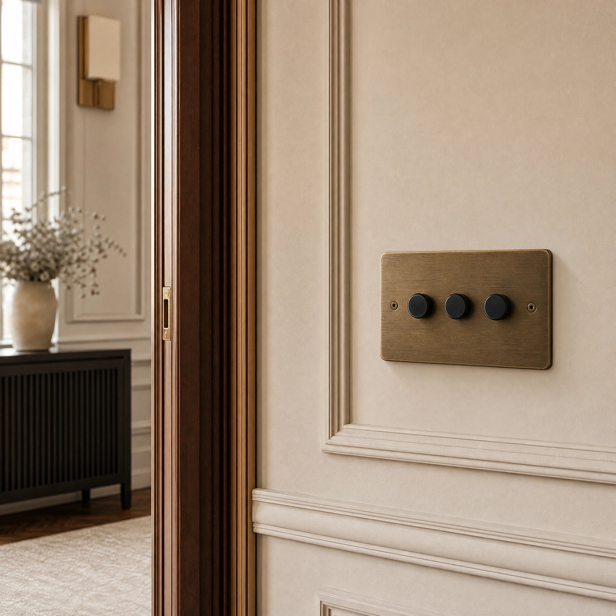 Close-up of a luxury antique brass dimmer switch installed within feature wall beside an elegant doorway in a Belgravia-style residence by VORELLI®.