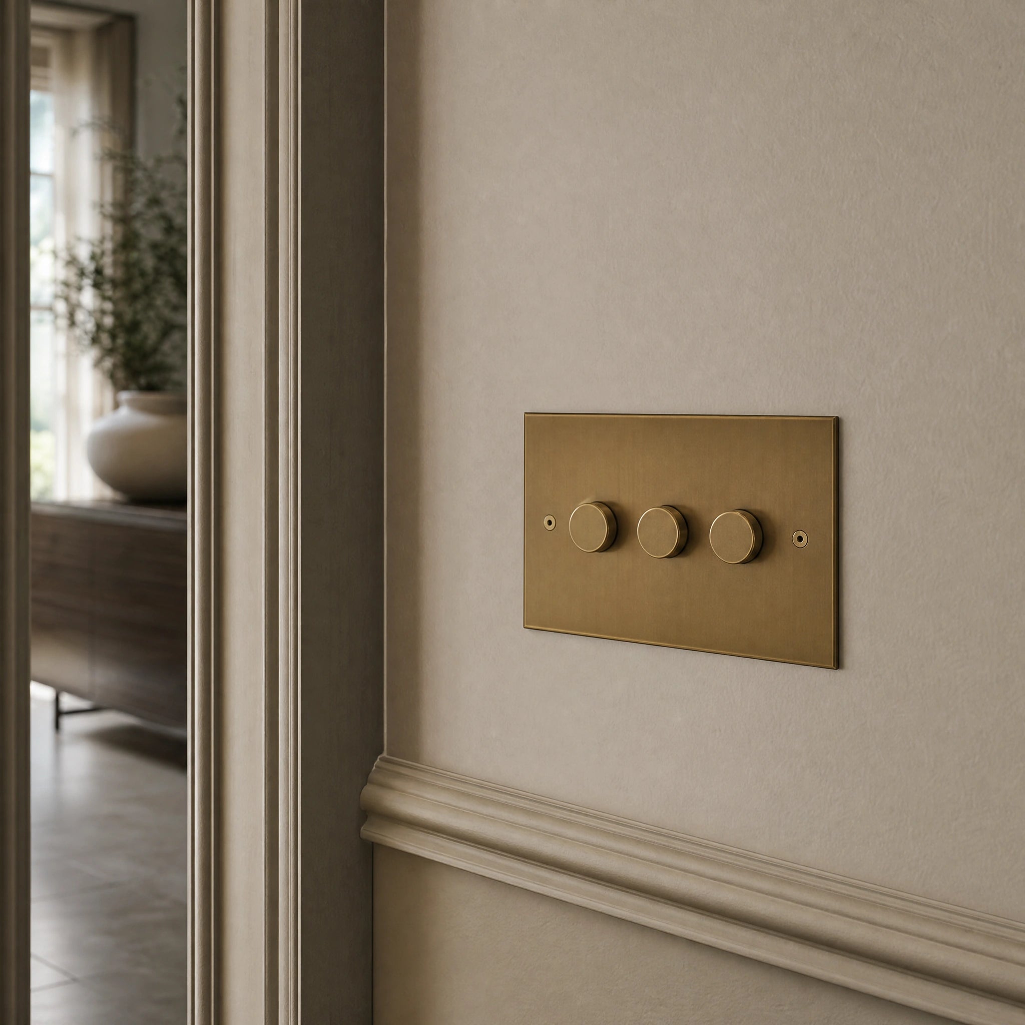 Close-up of a luxury antique brass dimmer switch installed within feature wall beside an elegant doorway in a Belgravia-style residence by VORELLI®.