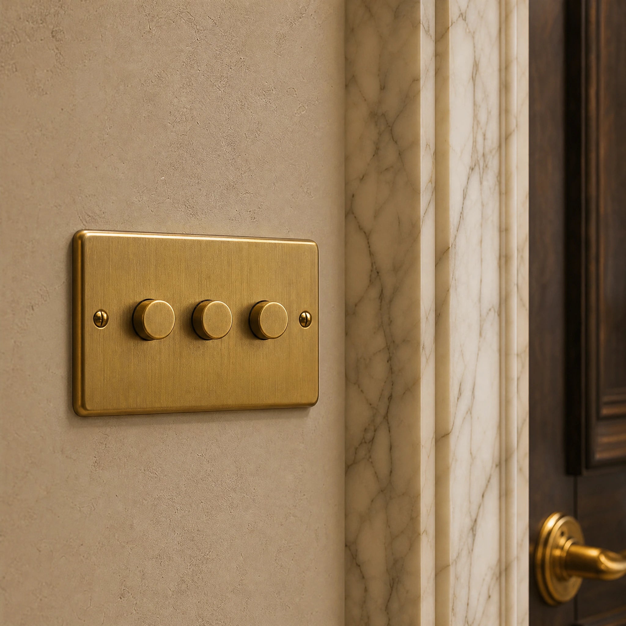 Close-up of a luxury antique brass dimmer switch installed within feature wall beside an elegant doorway in a Belgravia-style residence by VORELLI®.