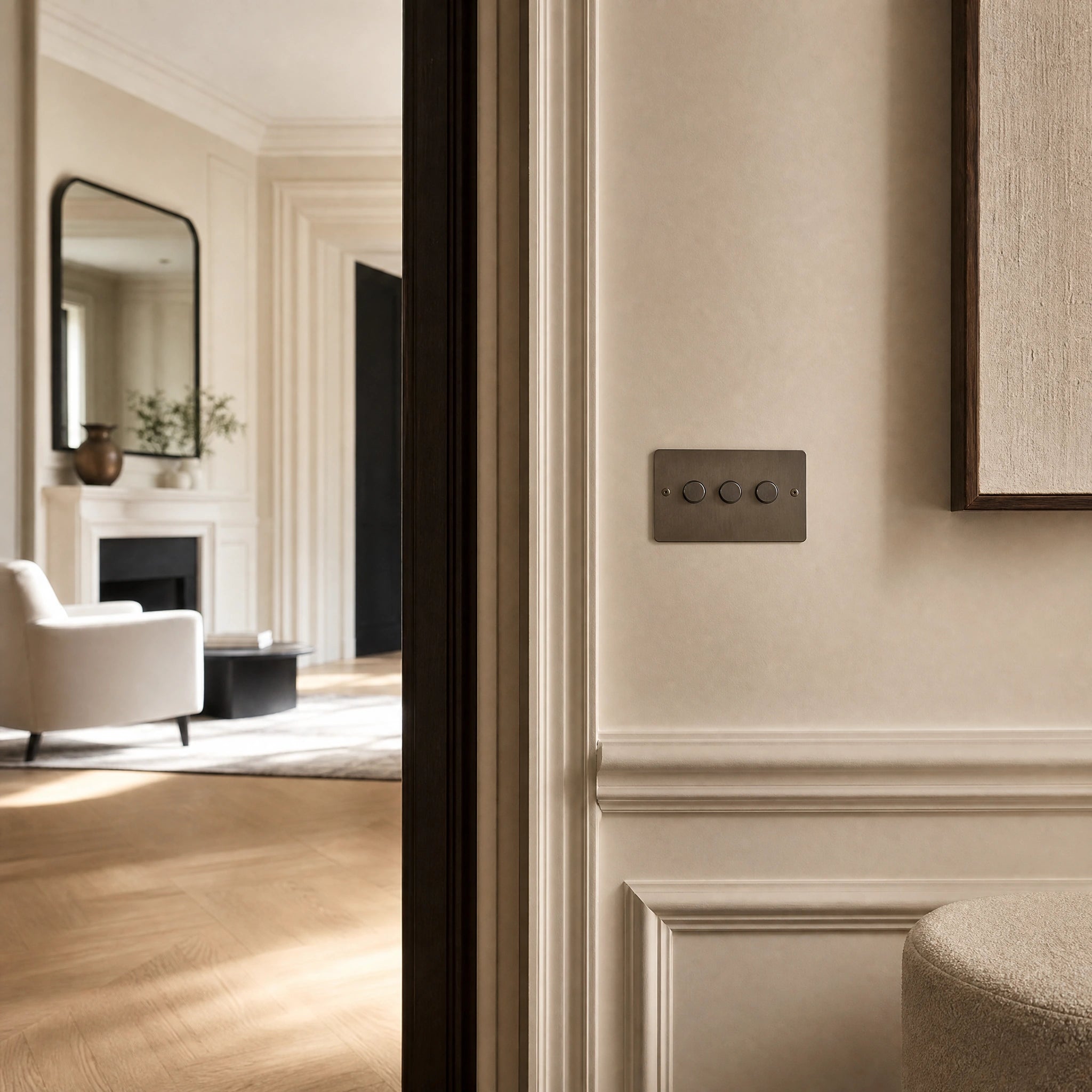 Luxury antique brass dimmer switch installed within feature wall beside an elegant doorway in a Belgravia-style residence in a UHNW interior by VORELLI®.
