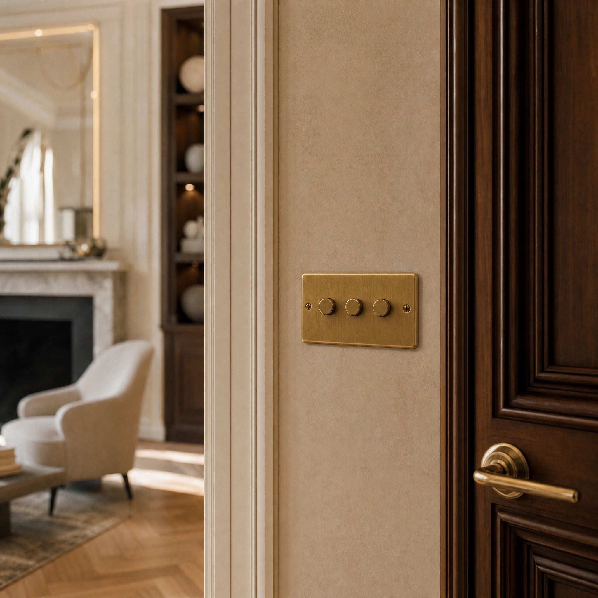 Luxury antique brass dimmer switch installed within feature wall beside an elegant doorway in a Belgravia-style residence in a UHNW interior by VORELLI®.