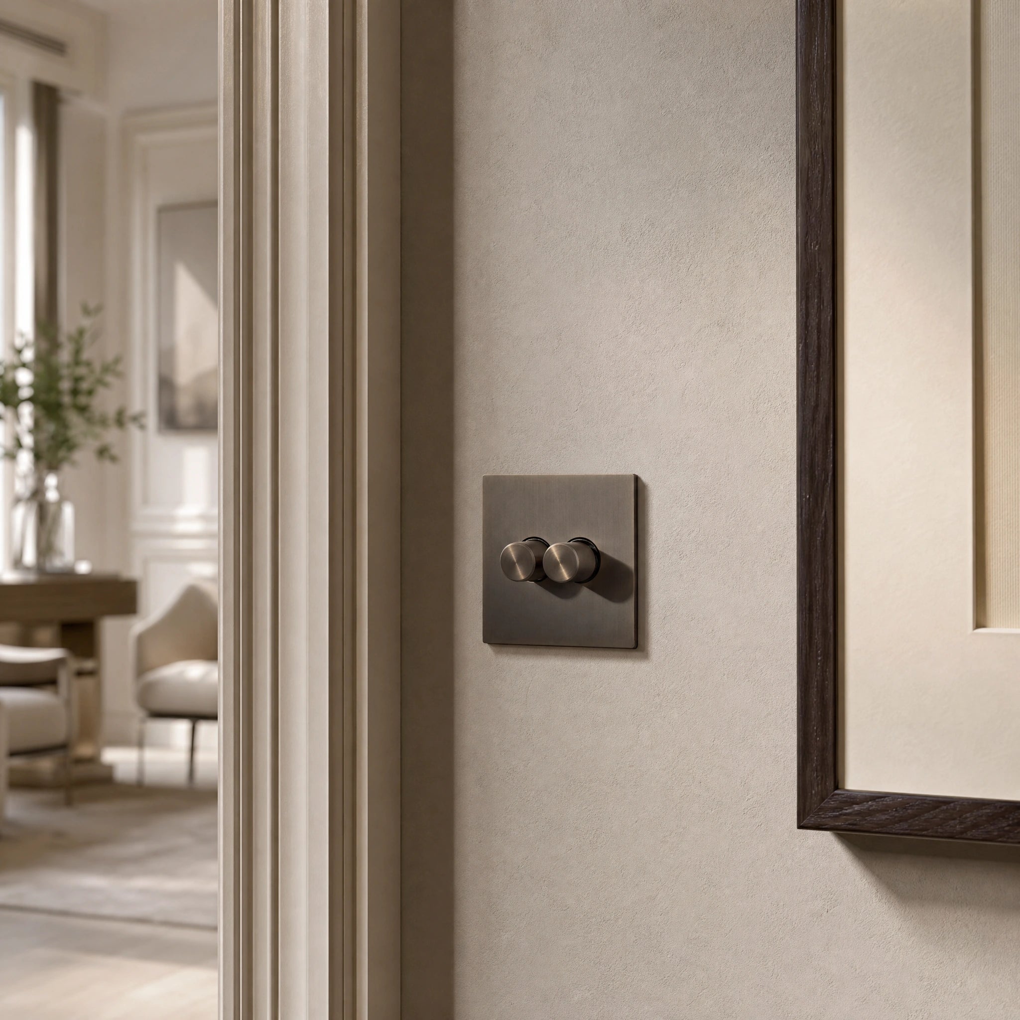 Close-up of a luxury umber dimmer switch installed within feature wall beside an elegant doorway in a Belgravia-style residence by VORELLI®.