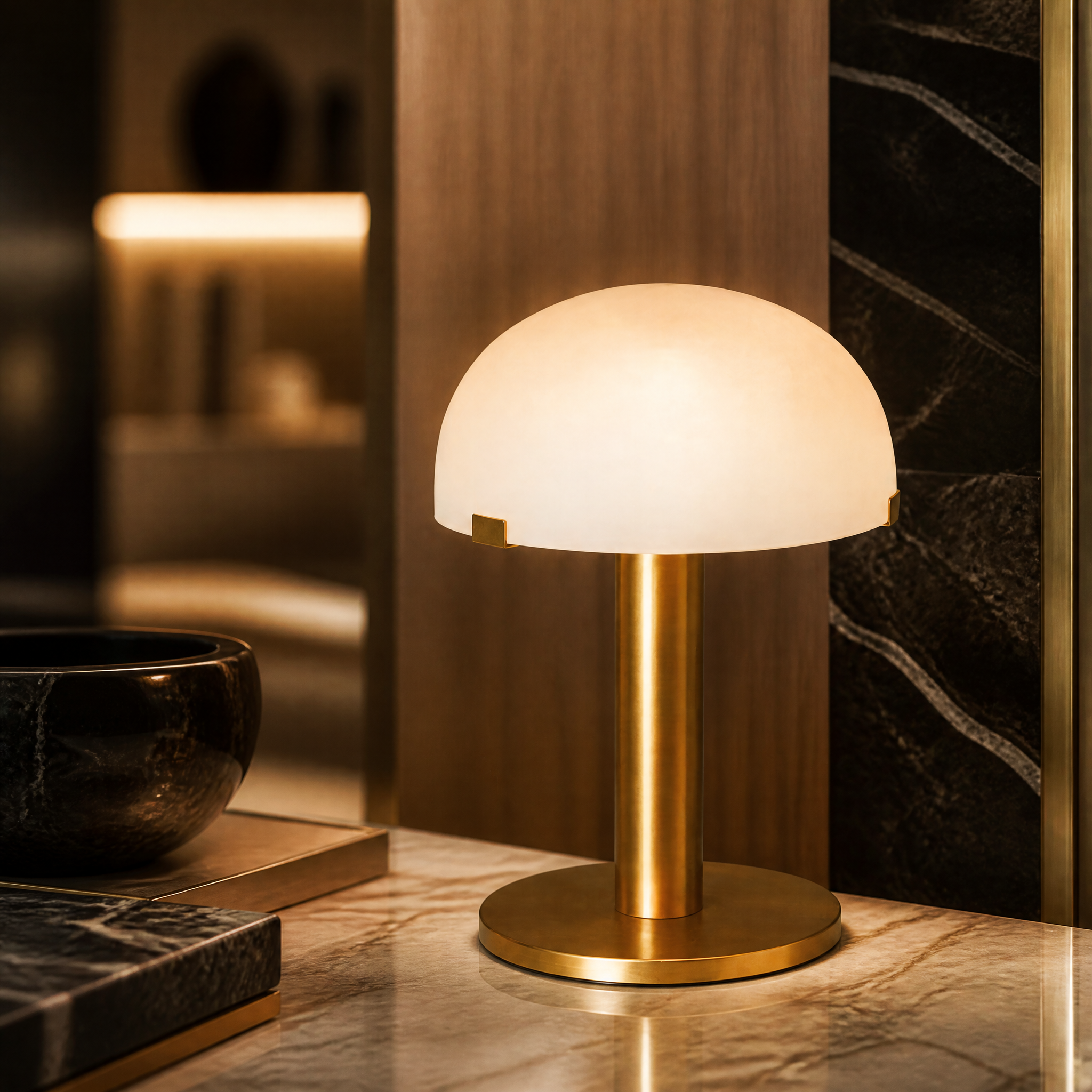 Detailed closeup of the smooth marble dome shade and sleek cylindrical stainless steel frame of the VORELLI table lamp.