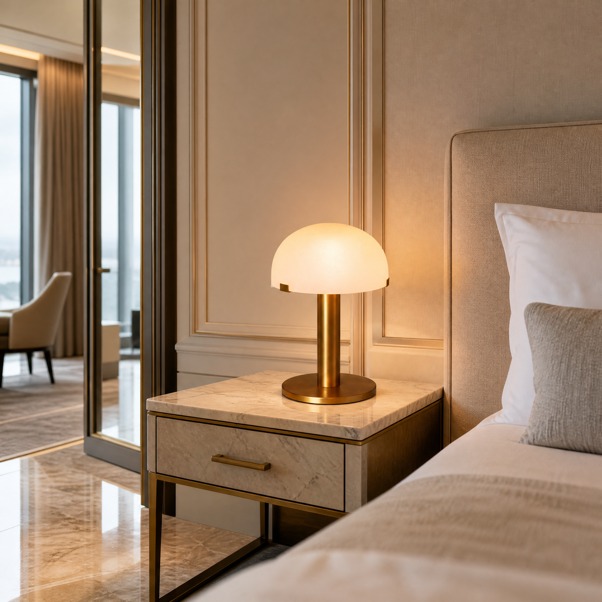 The sophisticated VORELLI Dome Marble Table Lamp illuminating a high-end hotel reception desk with subtle elegance.