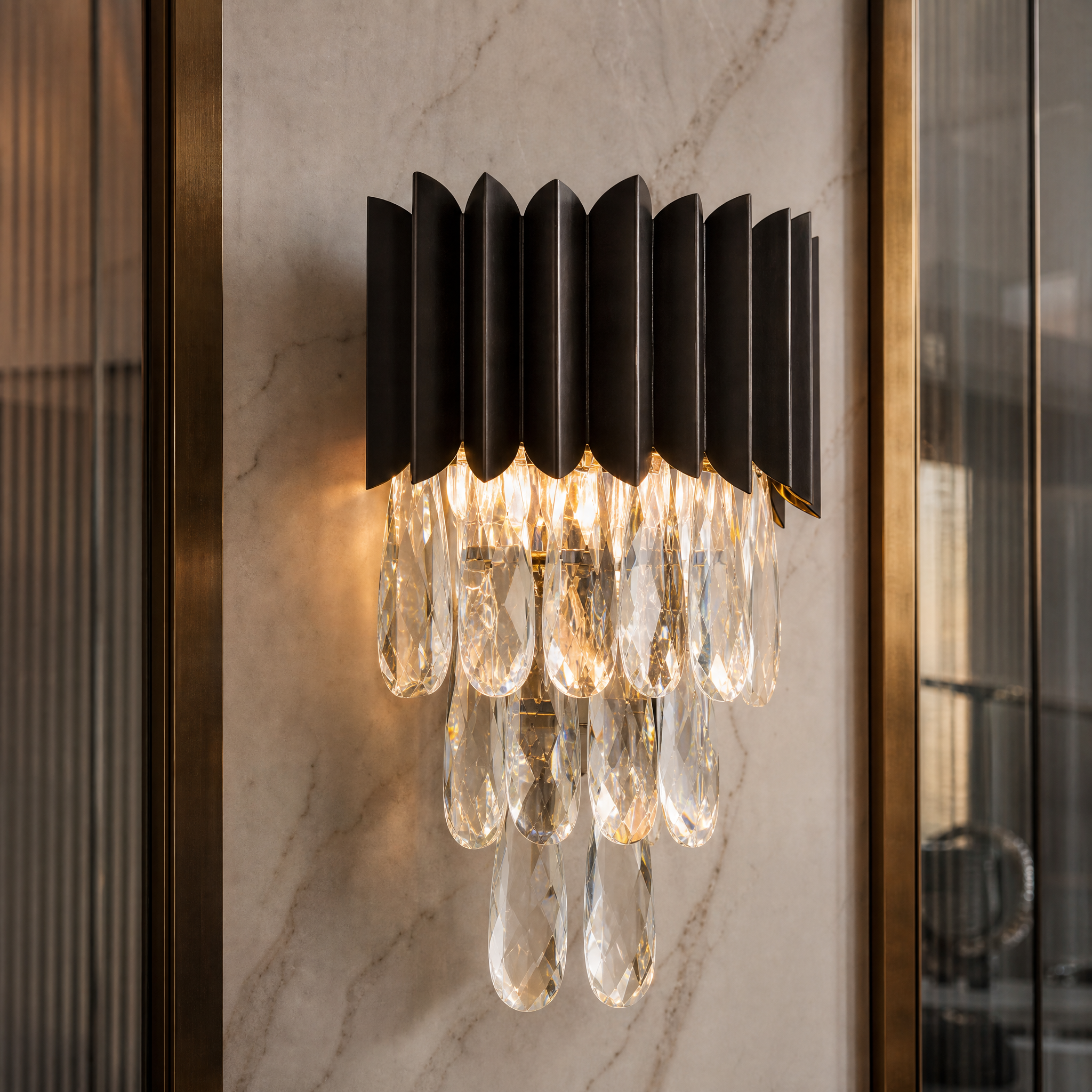 A detailed closeup of the VORELLI Doral Wall Light, highlighting the intricate diamond-cut teardrop crystals and quirky luxury design.