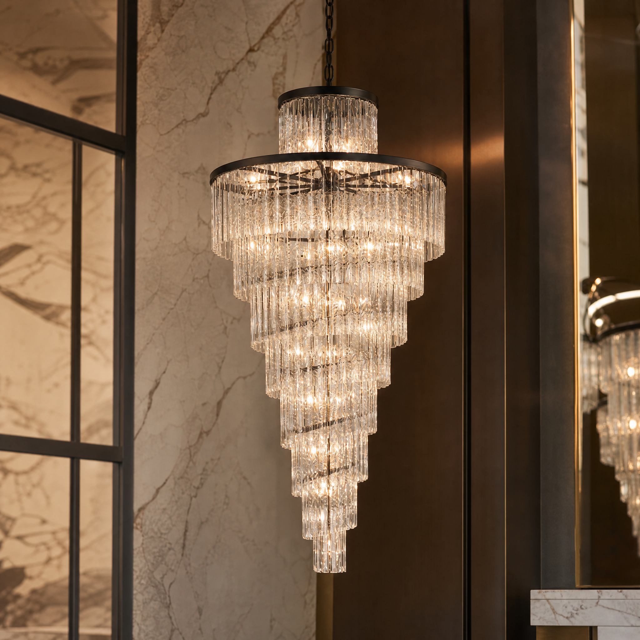 Macro shot of the Dunleavy chandelier showcasing the unique textured allure of premium cracked crystal glass panels.