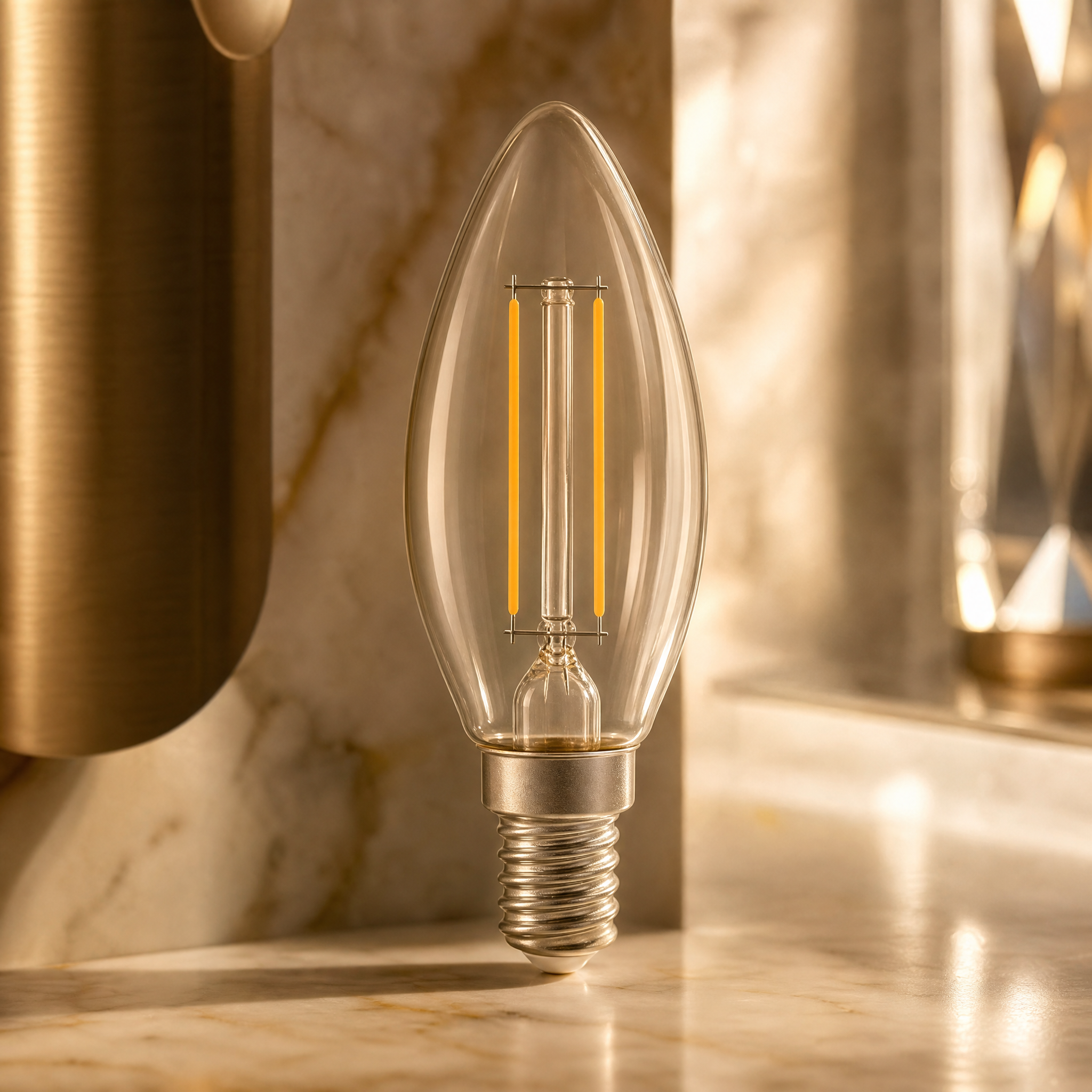 Macro view of the VORELLI E14 5W LED clear candle lamp, showcasing the meticulous series filament configuration and Duodim technology details.